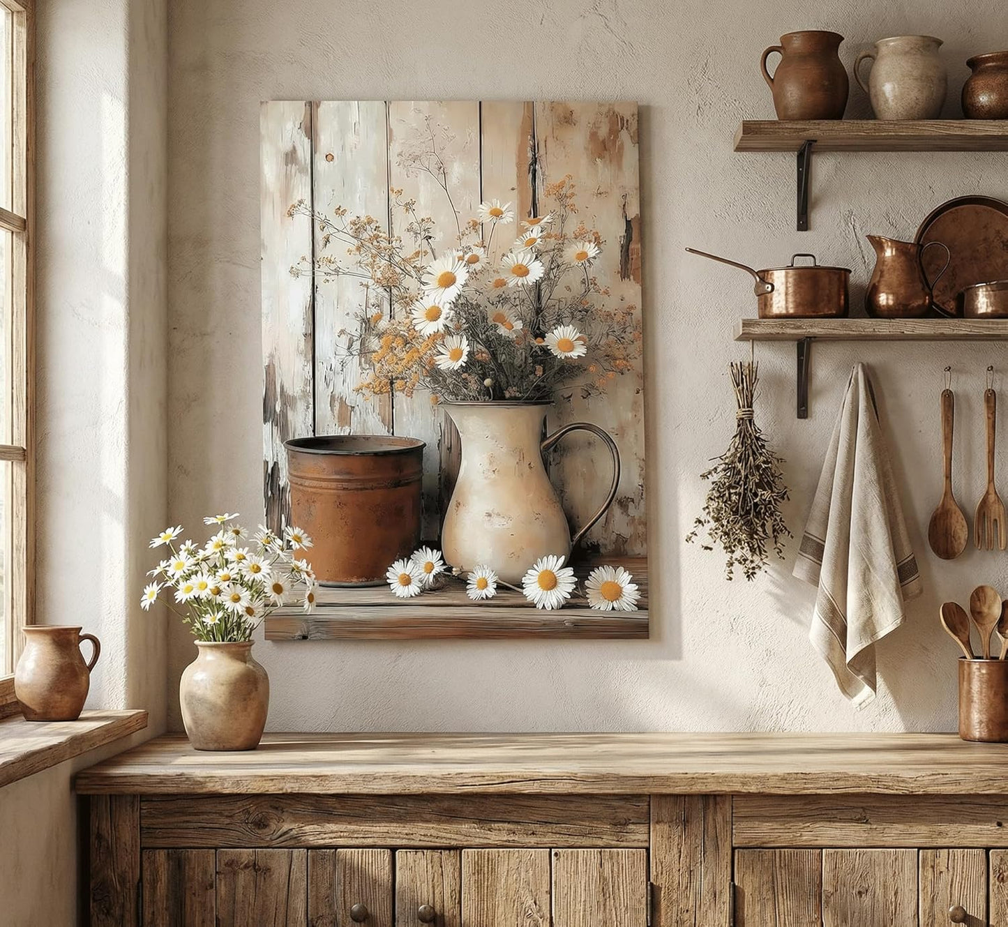 Rustic Farmhouse Daisy Floral Canvas Wall Art Vintage Neutral Country Wall Decor Picture Still Life In Vase Poster Print for Bathroom Living Room Bedroom Home Paintings Decoration Prepare To Hang