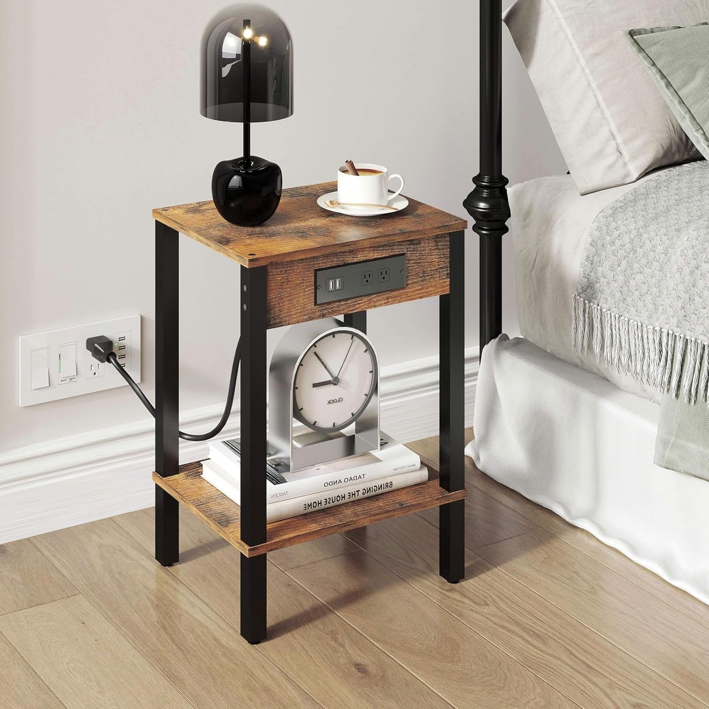 End Table with Charging Station, 2-Tier Nightstand with Storage Shelf,Modern Side Table,Bedside Table for Small Space in Living Room, Bedroom, Sofa Couch and Balcony, Rustic Brown MLBZ14RE