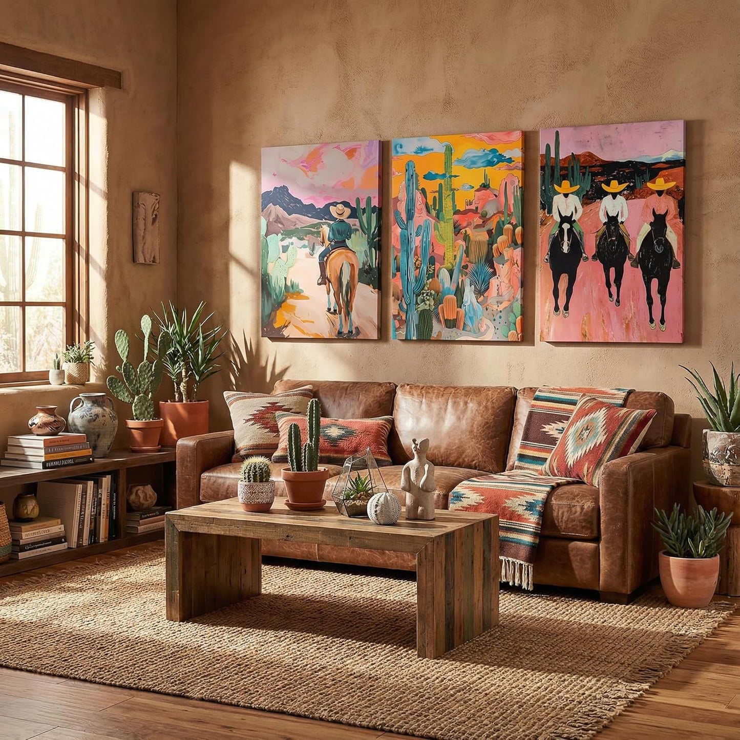 3pcs Western Cowboy Canvas Wall Art Abstract Cowboy Desert Cactus Wall Decor Pictures Vintage Wild Southwest Posters Prints Artwork for Living Room Bedroom Home Paintings Decoration Prepare To Hang