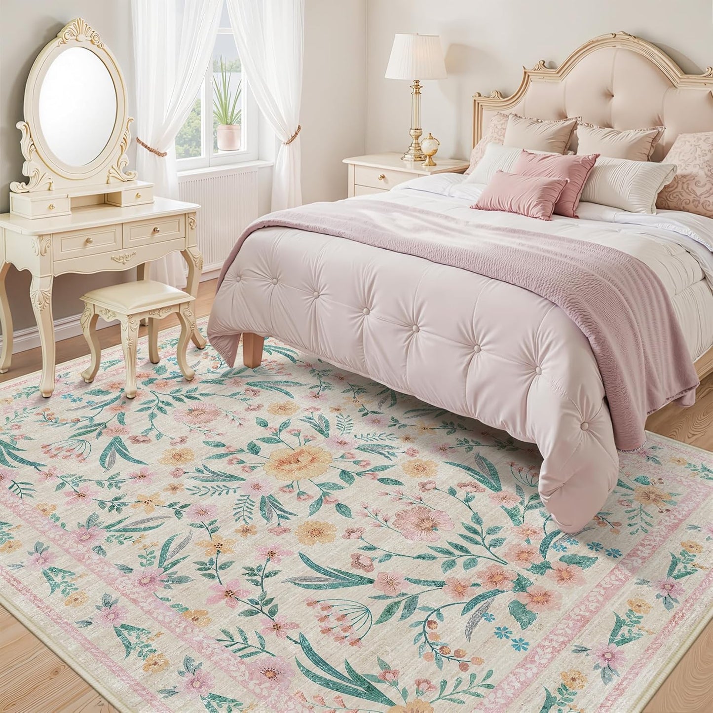 7x9 Area Rug Living Room Rugs,Pink Boho Floral Rug Washable Non-Slip Carpet for Girls Bedroom, Low Pile Soft Rug for Under Table or Bed, Aesthetic Home Décor
