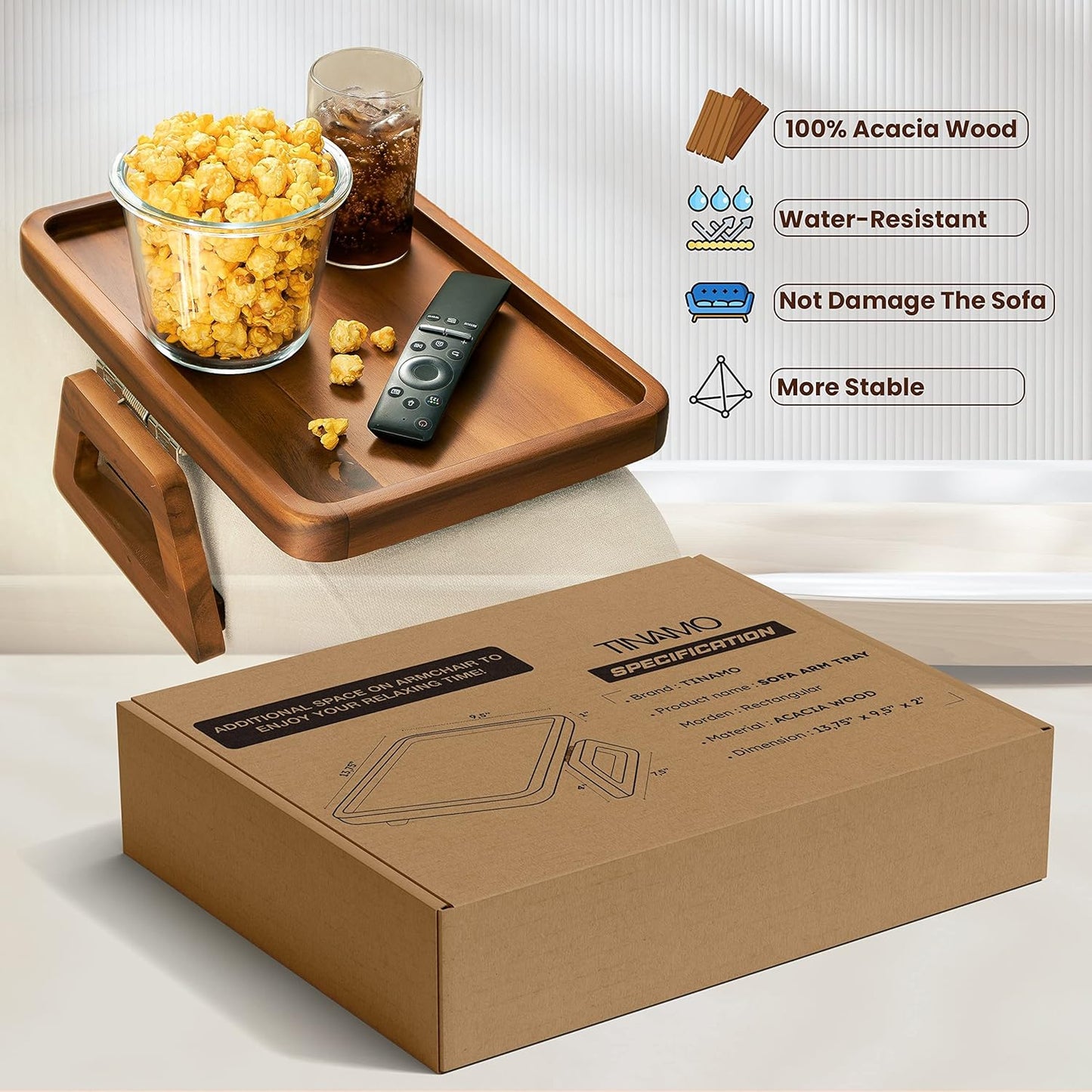 Tinamo 13.75" x 9.5" Acacia Couch Arm Table, Wooden Sofa Arm Tray, Armrest Table for Couch Wooden Sofa Armrest Tray, Clip-on Tray for Wide Couch - Side Table for Eating & Drink, Snack, Phone, Remote