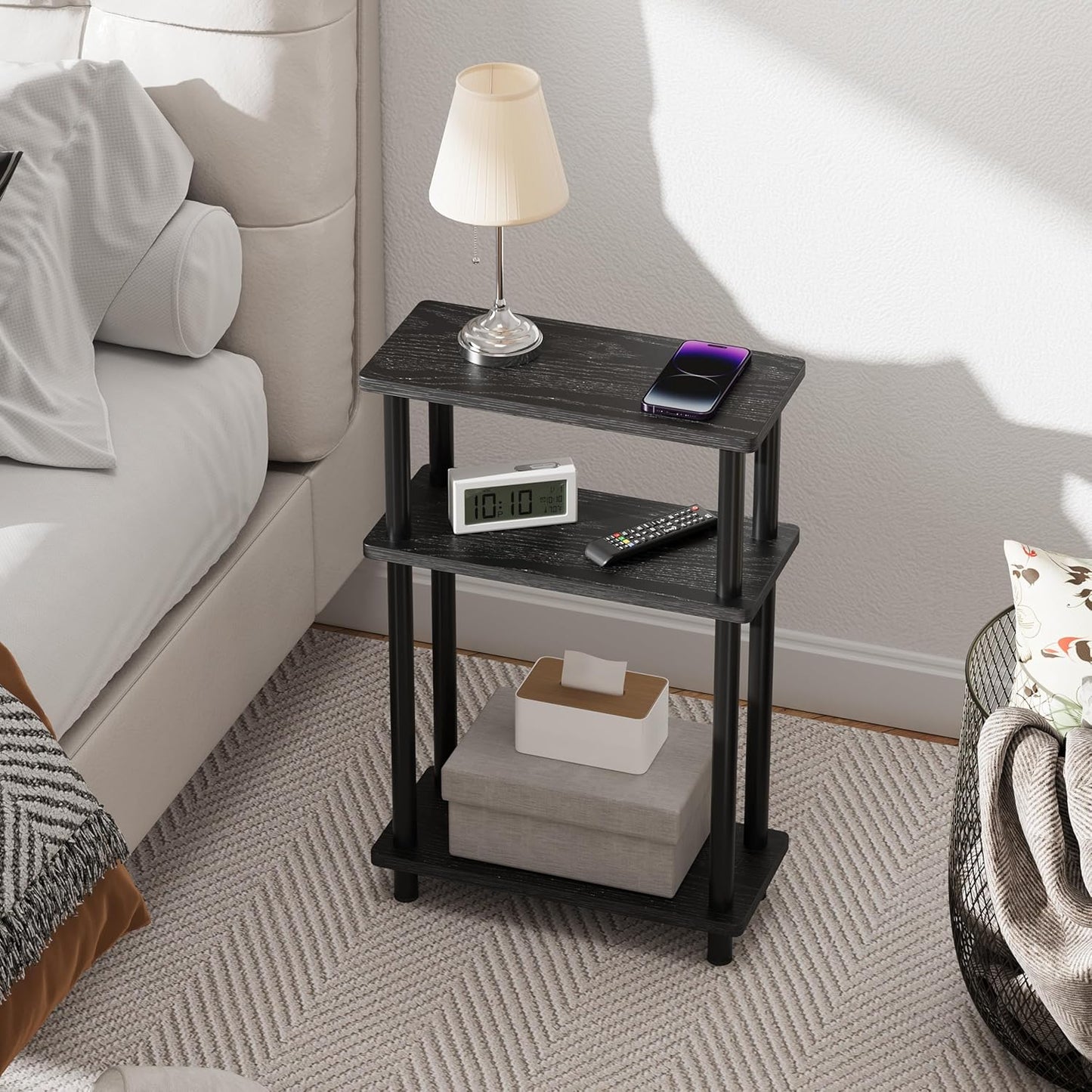 Apicizon Small Narrow Side Table, 3-Tier Skinny End Table with Storage Shelf, Slim Nightstand Bedside Table for Small Spaces, Living Room, Bderoom, Black