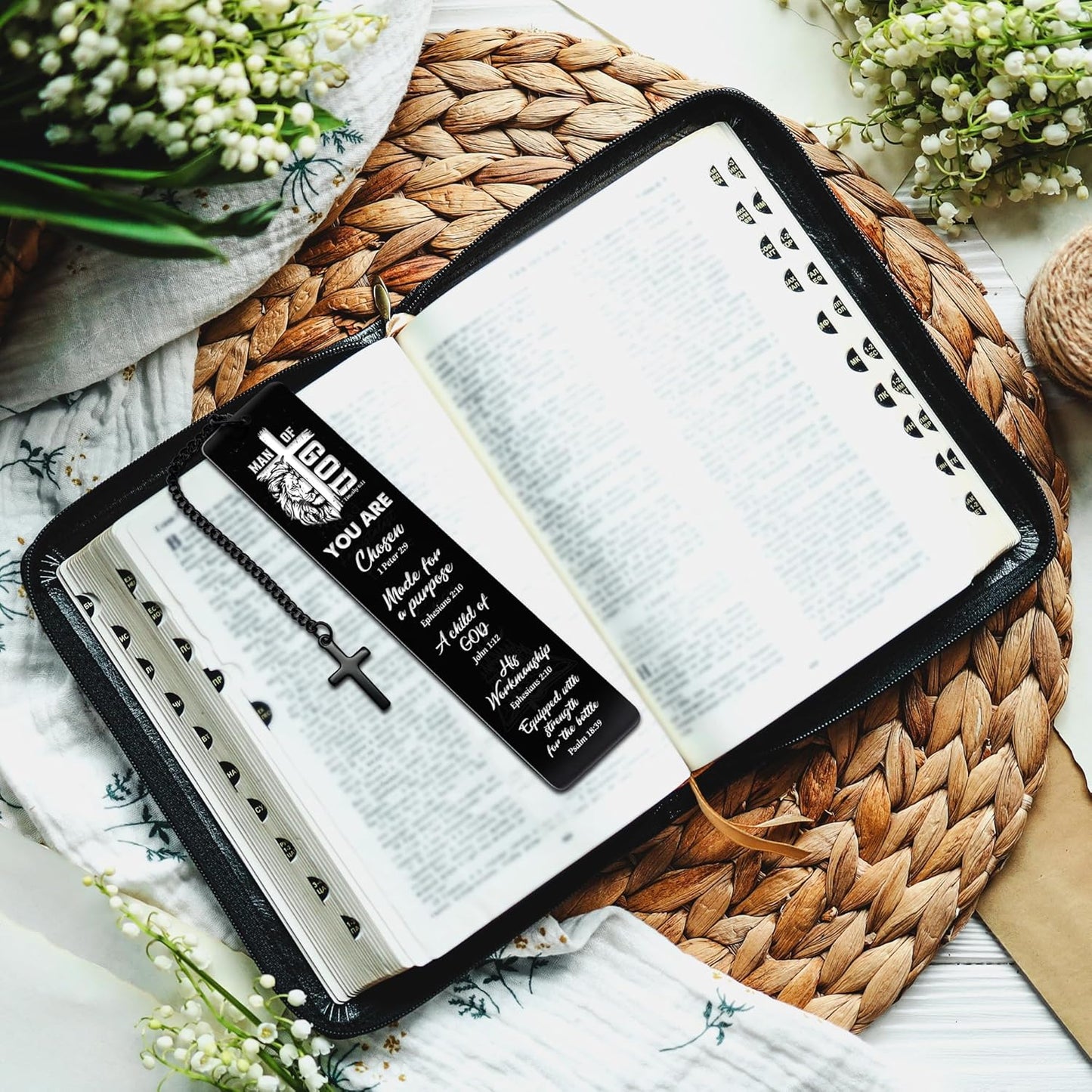 Christian Metal Bookmark Man of God, Black Inspirational Lion Bible Verse Book Mark with Cross Pendant, Religious Scripture Verse Bookmarks for Man Accessories Birthday Church Baptism Gift