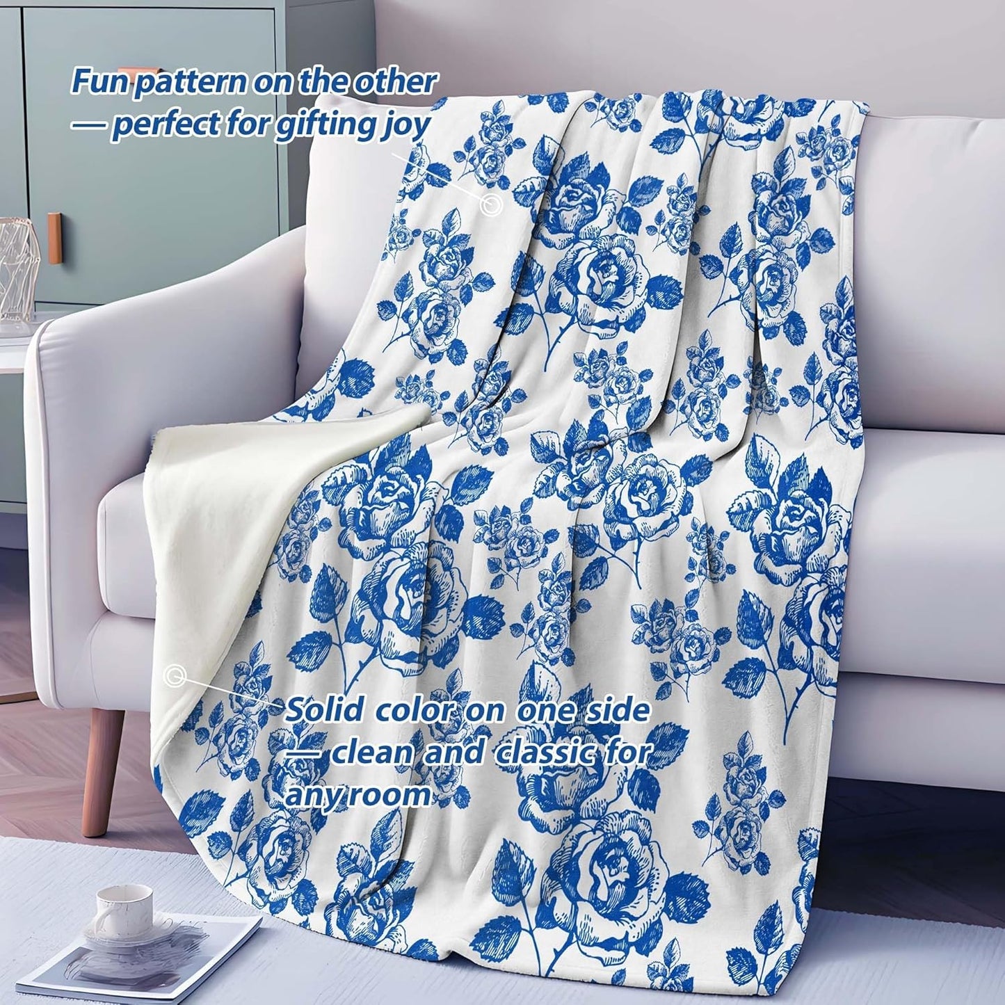 Blue Floral Throw Blanket Blue and White French Country Chinoiserie Flannel Blankets for Couch Bed Living Room Sofa, Decorative Patterned Super Soft Cozy, 50x60 in