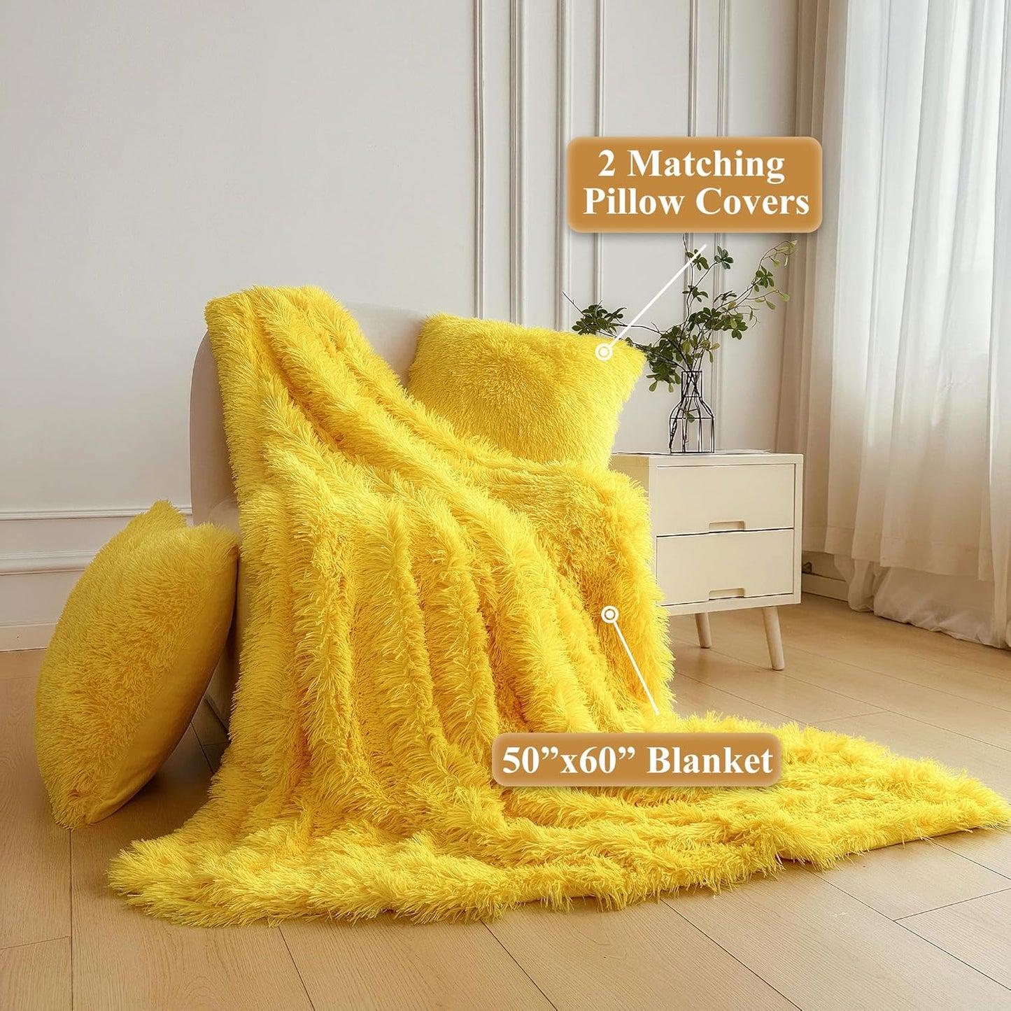XeGe 3 Pieces Soft Faux Fur Throw Blanket Set, Decoration Fluffy Furry Blanket 50x60, Shaggy Plush Fuzzy Blanket with 2 Throw Pillow Covers 18x18 for Bed Couch Sofa Living Room, Yellow