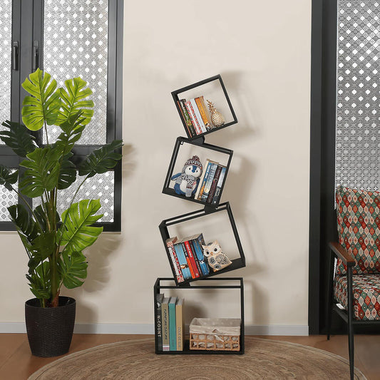 Geometric Book Shelf 4 Tier, Black Metal Bookshelf 49 Inch, Mordern Narrow Bookcase, Skinny Corner Bookshelves for Bedroom, Living Room, Office, Home Decor