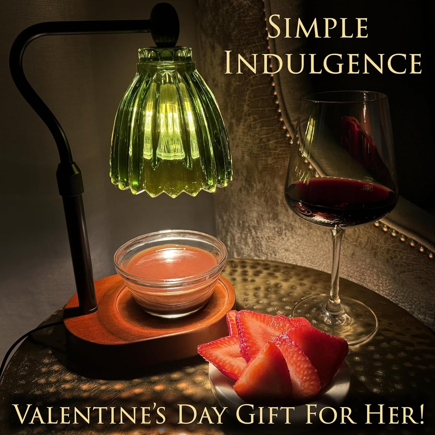 Green Candle Warmer Lamp with Timer - Wax Melt Warmer, Dimmable Electric Candle Lamp, Dark Academia Cottagecore Boho Decor, Adjustable Height, Genuine Wood Base, 2 Bulbs Included, Gift for Her