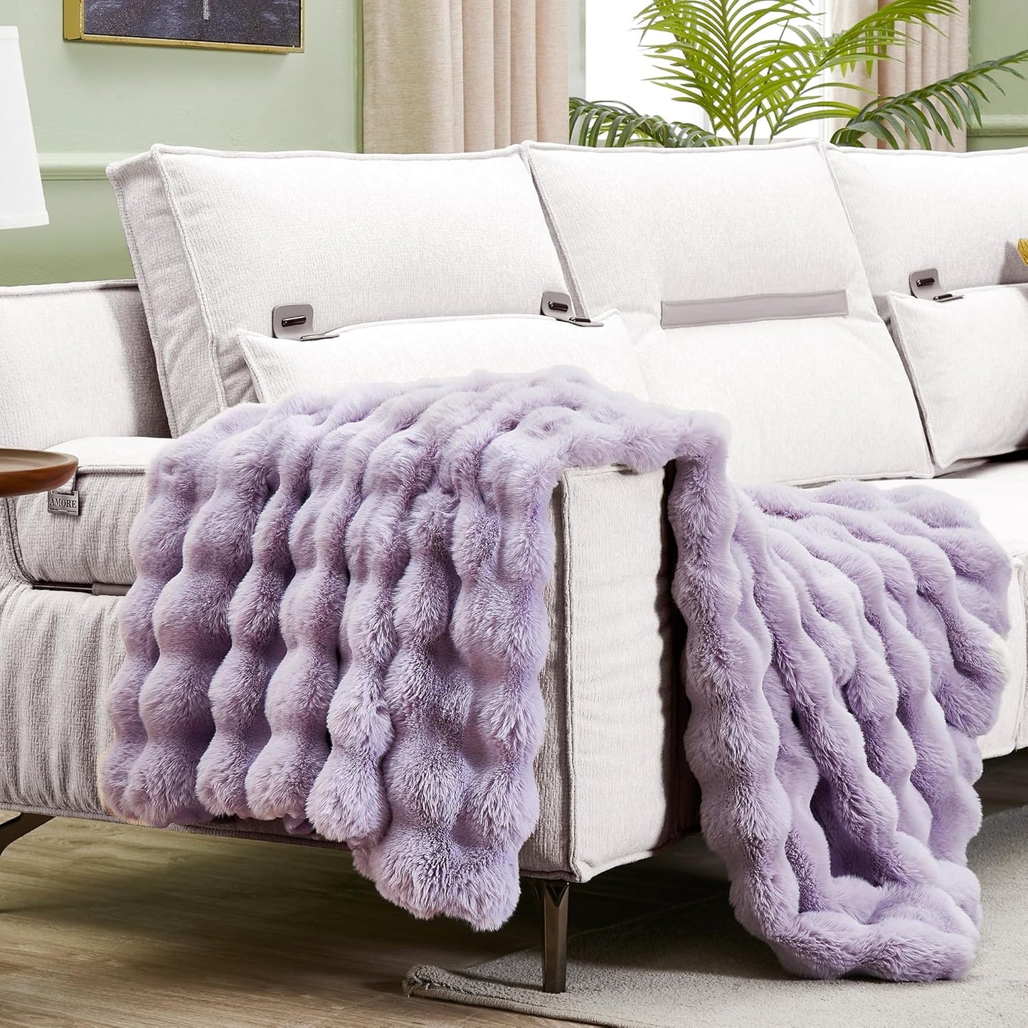 JONIYEAR Extra Large Soft Fuzzy Bubble Faux Rabbit Fur Bed Blanket Queen Size 80" x 90", Reversible Aesthetic Warm Thck Fluffy Blanket for Winter, Luxury Cozy Shaggy Plush Furry Blankets,Lilac Purple