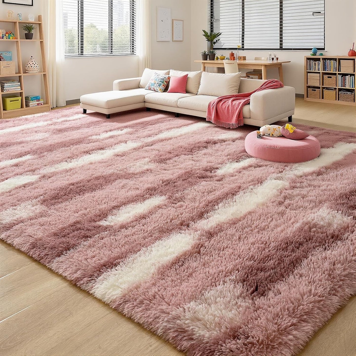 Pink White Striped Rugs for Girls Bedroom, 4x6 Feet Fluffy Cute Kids Room Decor Aesthetic Area Rug, Fuzzy Shaggy Carpets for Living Room, Playroom, Nursery, Indoor Non Slip Washable Carpet