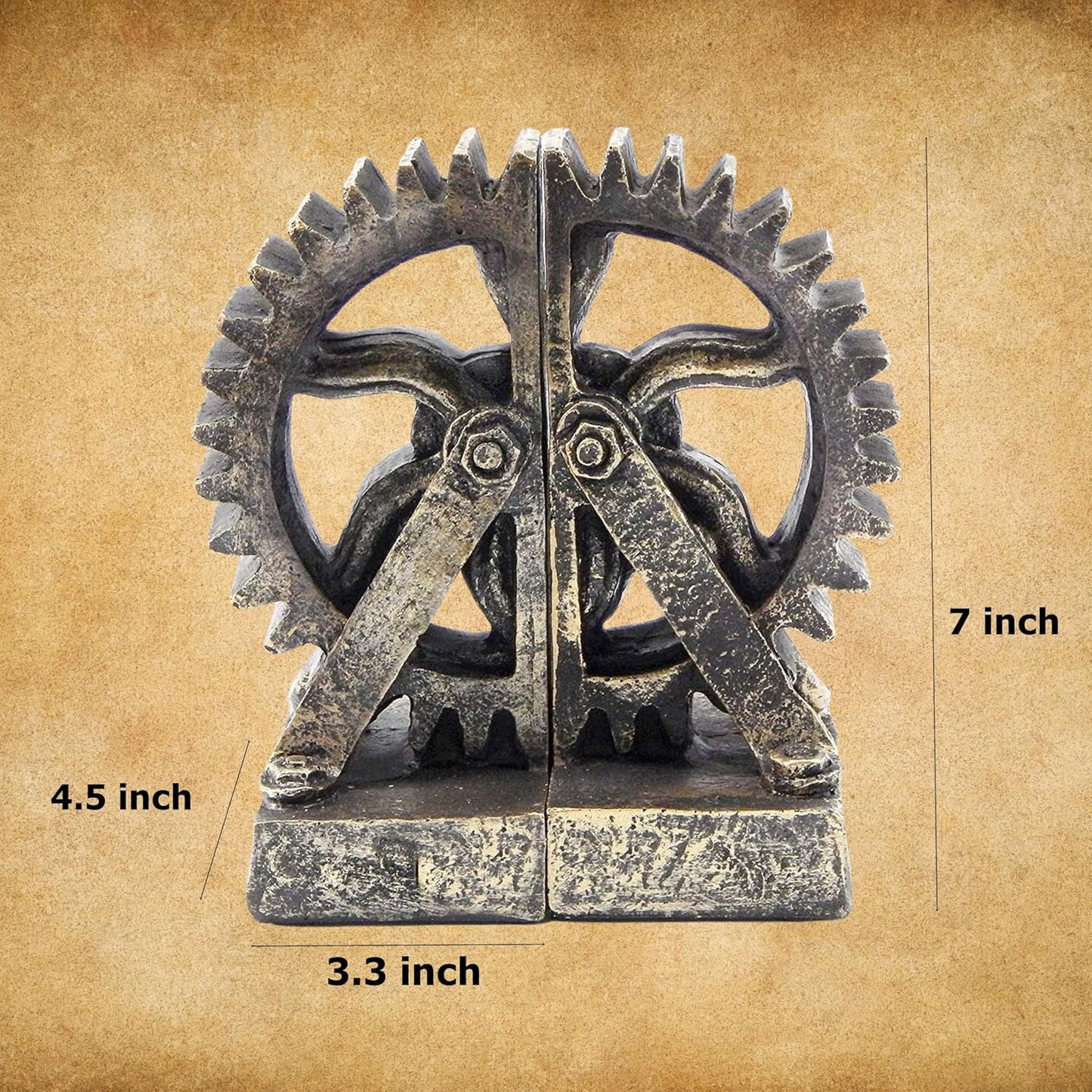 Bellaa 25662 Decorative Bookend Gear Book Ends Industrial Science Rustic Vintage Unique Heavy Steampunk Statues Bookshelves Stopper Support Home Decor Accents