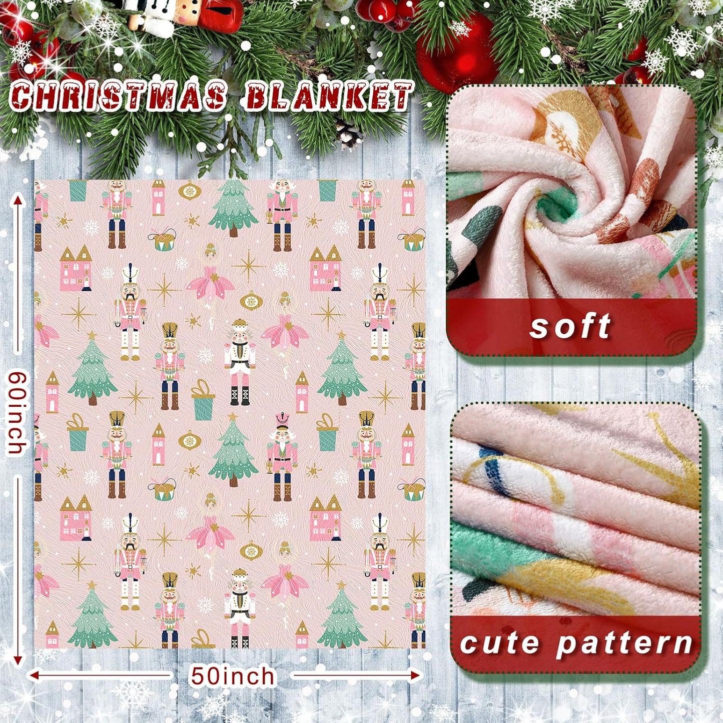 50 x 60 Inches Pink Nutcracker Christmas Throw Blanket Cute Soft Warm Lightweight Christmas Blanket for Sofa Bed Gift Decor