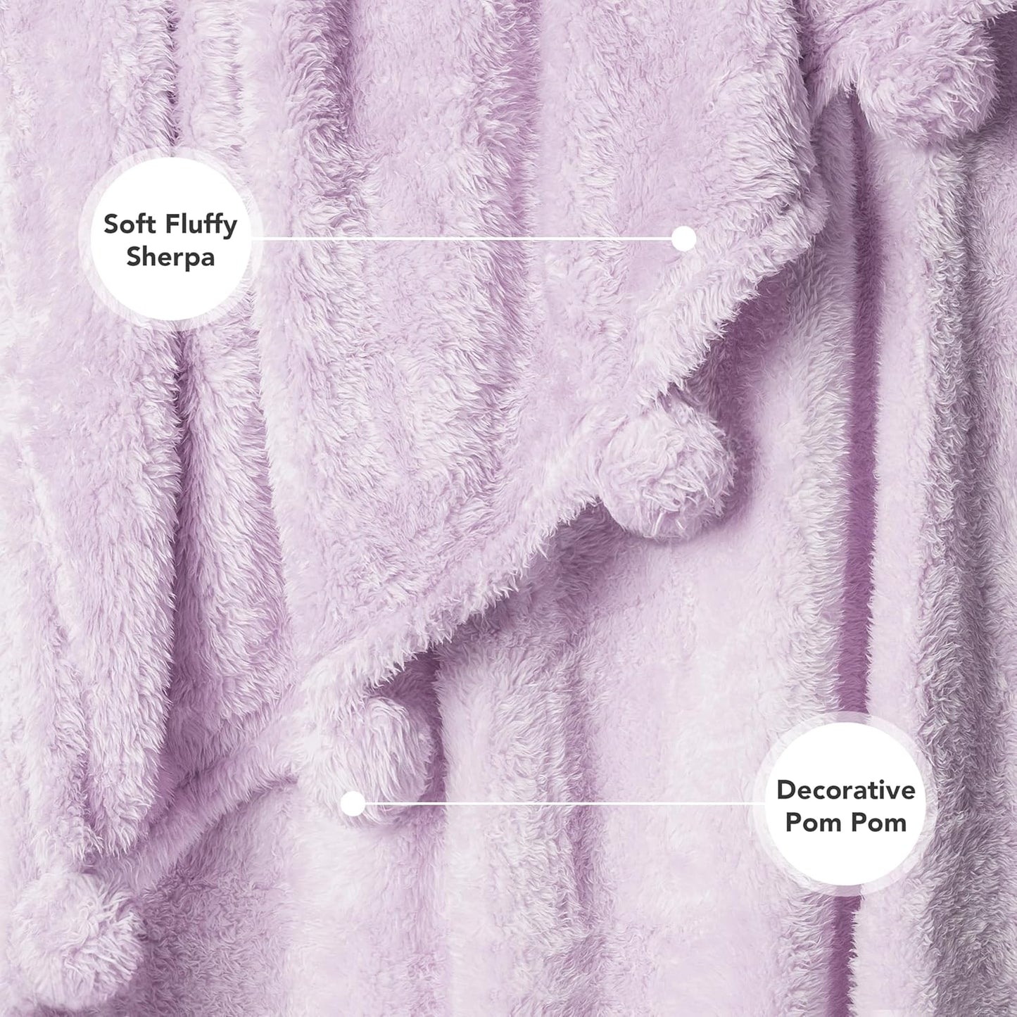 PAVILIA Lavender Sherpa Throw Blanket for Couch, Warm Plush Pom Pom Blanket Throw, Light Purple Fuzzy Sofa Throw, Lightweight Soft Cozy Fluffy Blanket with Pom Poms, Lavender, 50x60