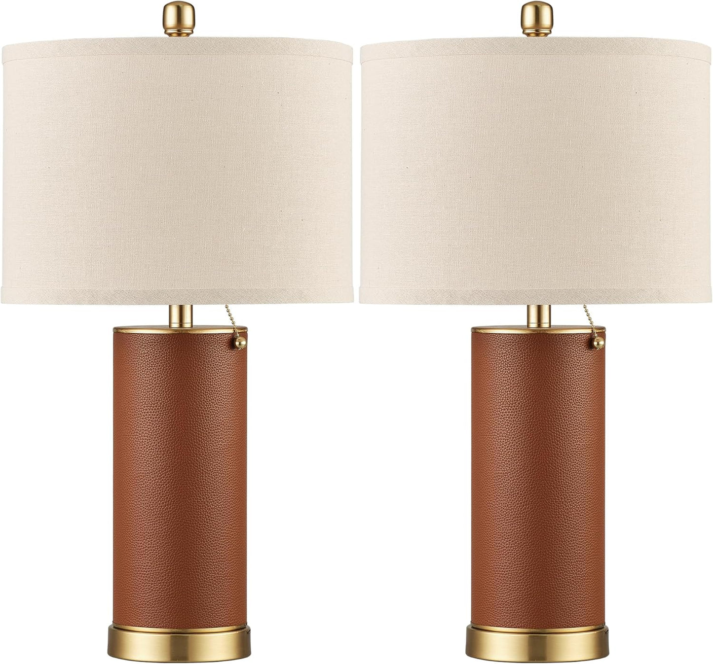 KDG 23.4" Brown PU Leather Table Lamps for Living Room Set of 2, 3 Level Brightness LED Modern Home Decor Fabric Lampshade Desk Lamp Lighitng for Bedroom, Bedside, Farmhouse, Nightstand, Night Light