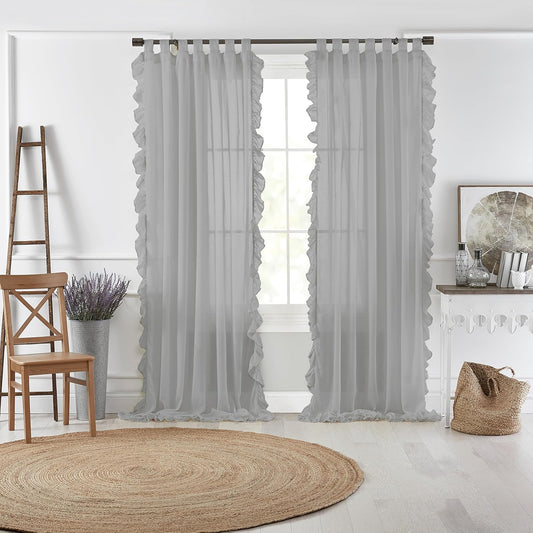 Elrene Home Fashions Bella French Country Cottage Core Tab-Top Ruffle Sheer Window Curtain, 52 in x 84 in (1 Panel), Charcoal