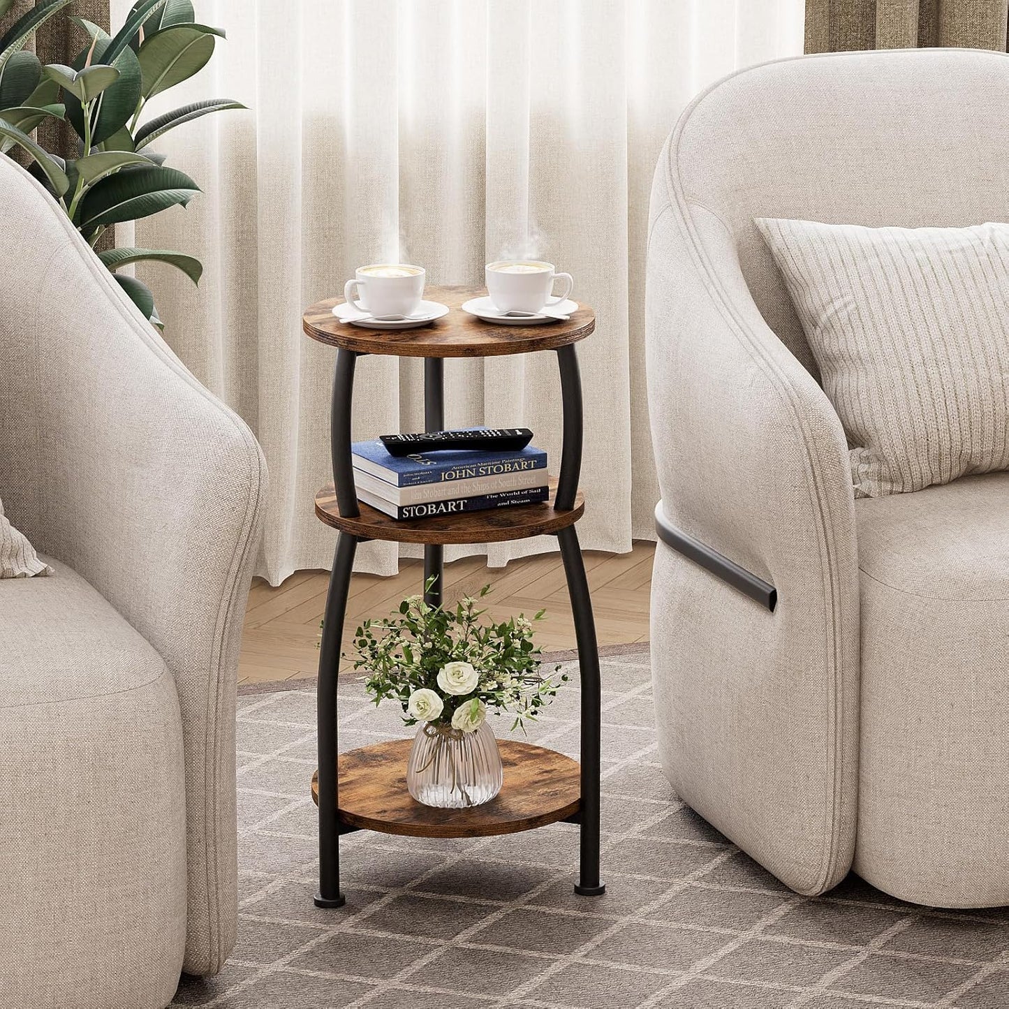 Small Round Side Table, 3-Tier End Table with Storage Shelf, Slim Coffee Table for Small Spaces, Industrial Sofa Table for Narrow Gaps in Living Room & Bedroom, Rustic Brown