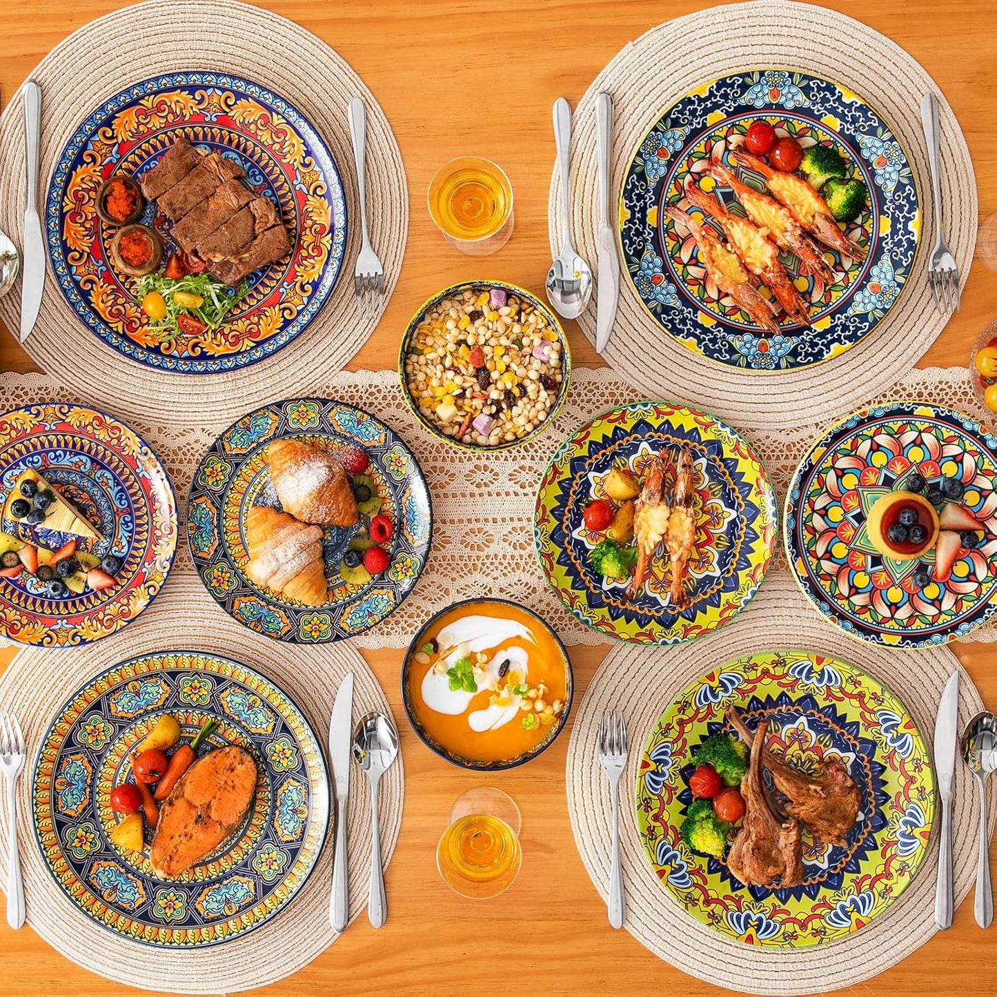 vancasso Plates and Bowls Sets,12-Piece Porcelain Dinnerware Set Service for 4, Bohemian Style Dishes Set for 4, Kitchen Dinner Set, Microwave and Dishwasher Safe, Scratch Resistant, Series KRVI
