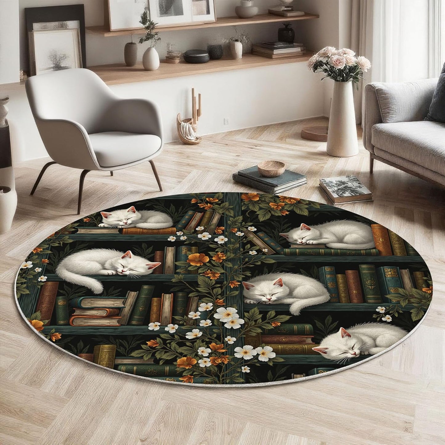 Washable Retro Cat Bookshelf Area Rug, 5.25Ft Round Rugs for Living Room Soft Carpet for Bedroom Fantasy Illustration Indoor Stain Resistant Non-Shedding Floor Carpet, Black, 5.25Ft-Round