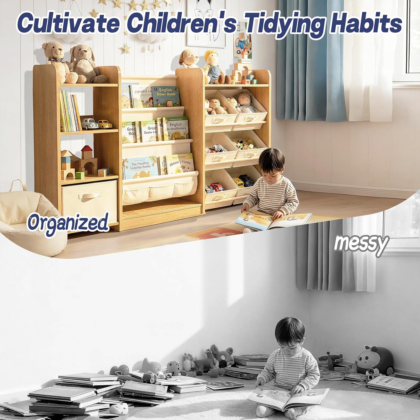 Kids Bookshelf and Toy Storage, Large Toy Storage Chest with Removable Bins, Kids Toy Storage Organizer, Sling Baby Bookcase, 4-Tier Book Shelf for Kids Room, Playroom, Classroom