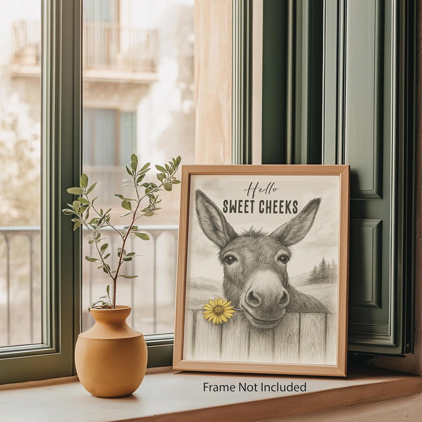 ZUKIY Howdy Humor with Farm Charm - Funny Donkey Wall Art Poster 8x10 Inch - Unframed Rustic Farmhouse Bathroom Decor - Animal Poster for Wall Decoration in Home Hallway Office or Studio