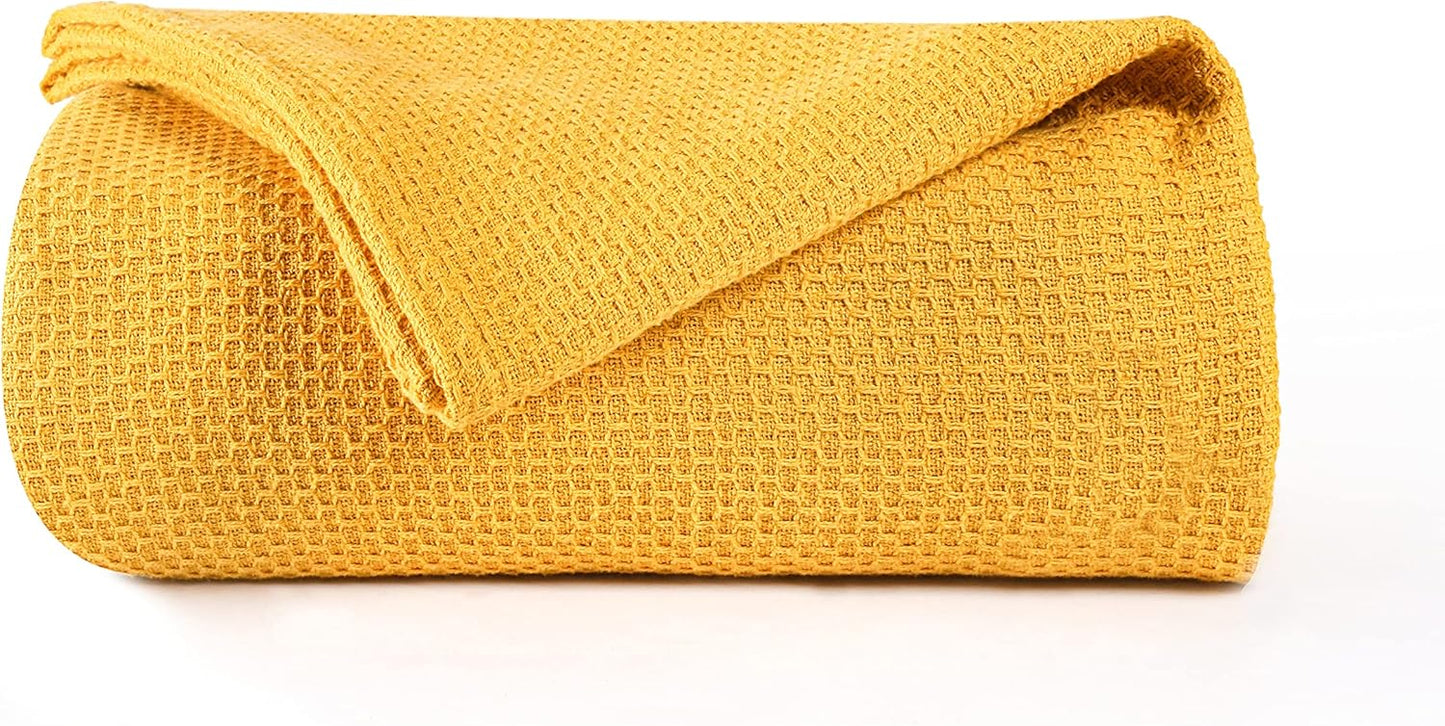 BOUTIQUO 100% Cotton Bed Blanket, Breathable Thermal King Size, Soft Honeycomb Waffle Blanket 90"x102", Perfect for Layering Any Bed for All Season, Mustard Yellow