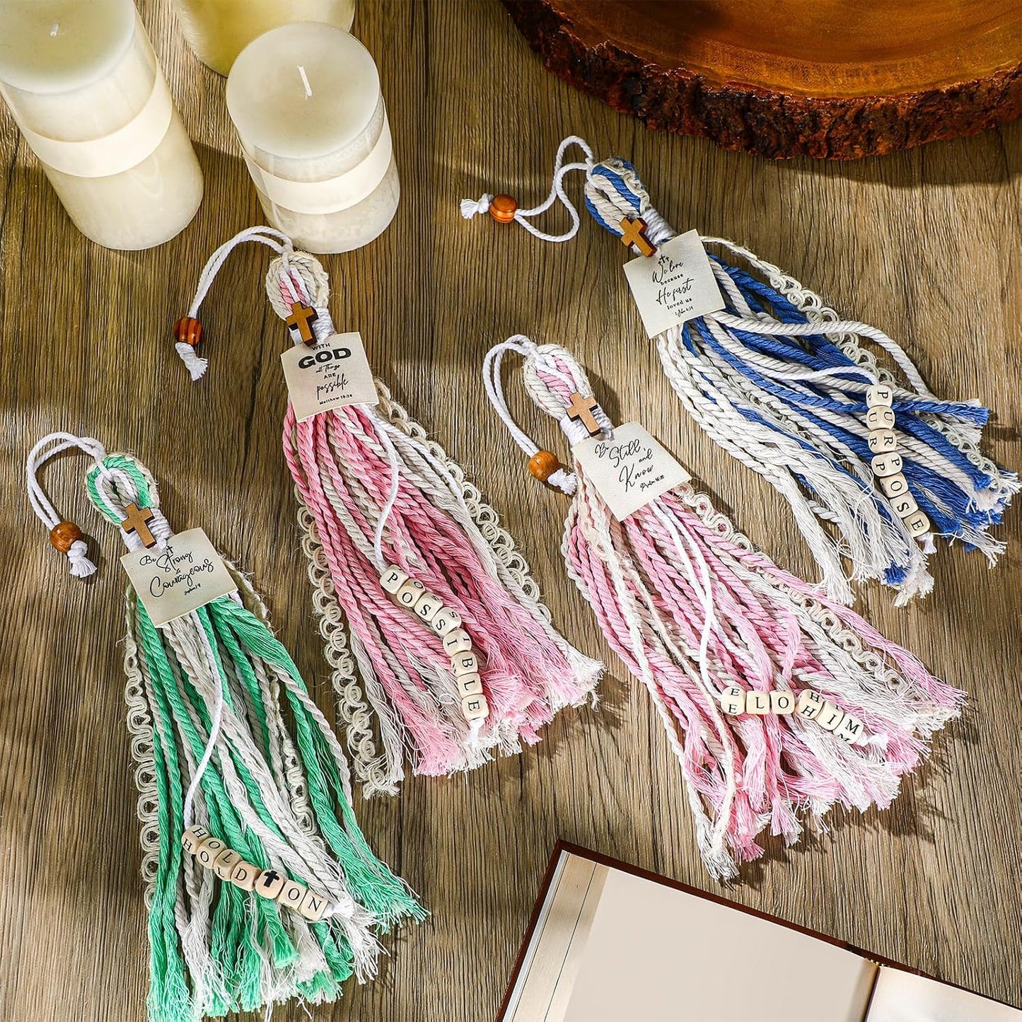 Skyygemm 4 Pcs Bible Tassel Bookmarks Christian Gifts for Women Multi Page Tassel Marker with Cross Charm for Bible Books 14 Inch Handmade Ribbon Marker Boho Reading Accessories for Book Lover Readers