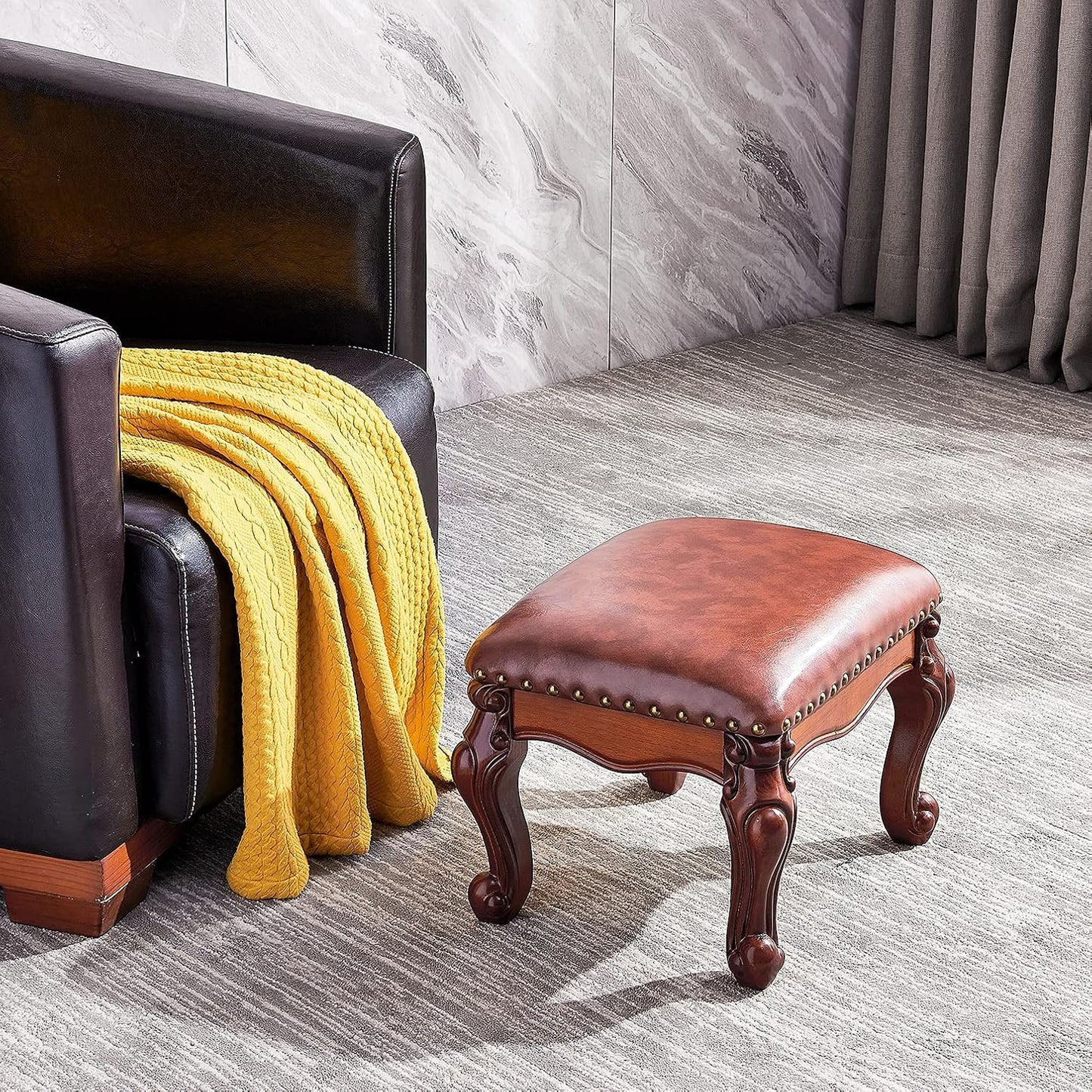 LKZ Foot Stool Microfiber Leather Ottoman Wooden Shoe Stool Small Sofa Stool Footrest Stool for Living Room Bedroom (Red-Brown)