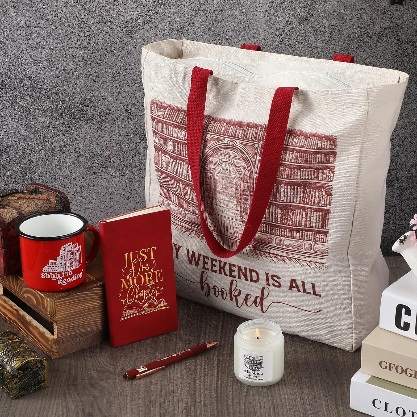 Jetec Set of 5 Book Lovers Gifts for Reader Include Canvas Tote Bag Journal Notebook with Ballpoint Pen Enamel Mug Scented Candle for Teens Librarian Bookish Author(Red)