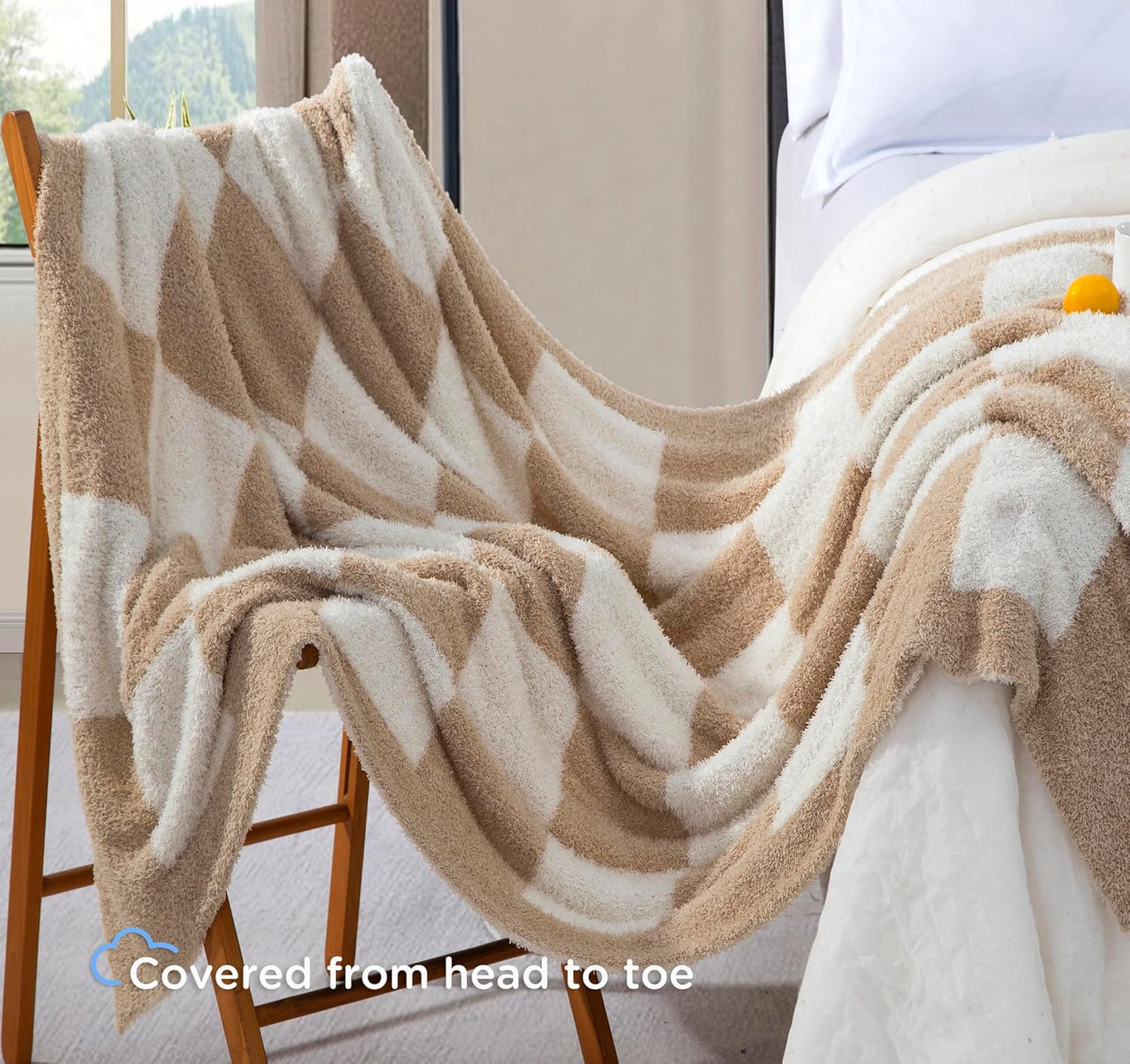 Checkered Fall Throw Blanket for Couch - Super Soft Knit Bed Blanket， Fluffy Fuzzy Plush Lightweight Cozy Blankets for Sofa ，Light Brown，50" x 60"