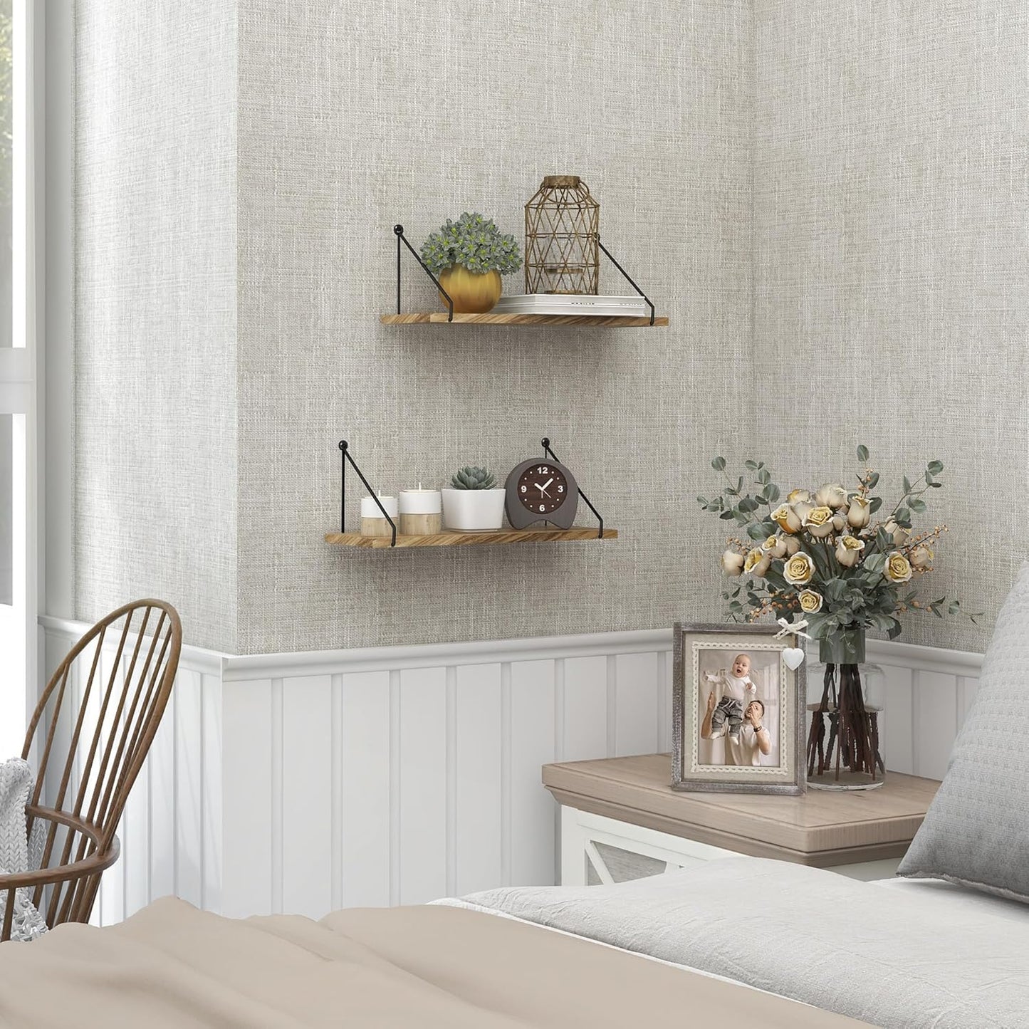 Sapowerntus Floating Shelves Wall Mounted Shelf Rustic Light Wood Bathroom Bedroom Kitchen Hanging Storage Organizer with Triangle Metal Brackets Farmhouse Living Room Office Home Decor Set of 2