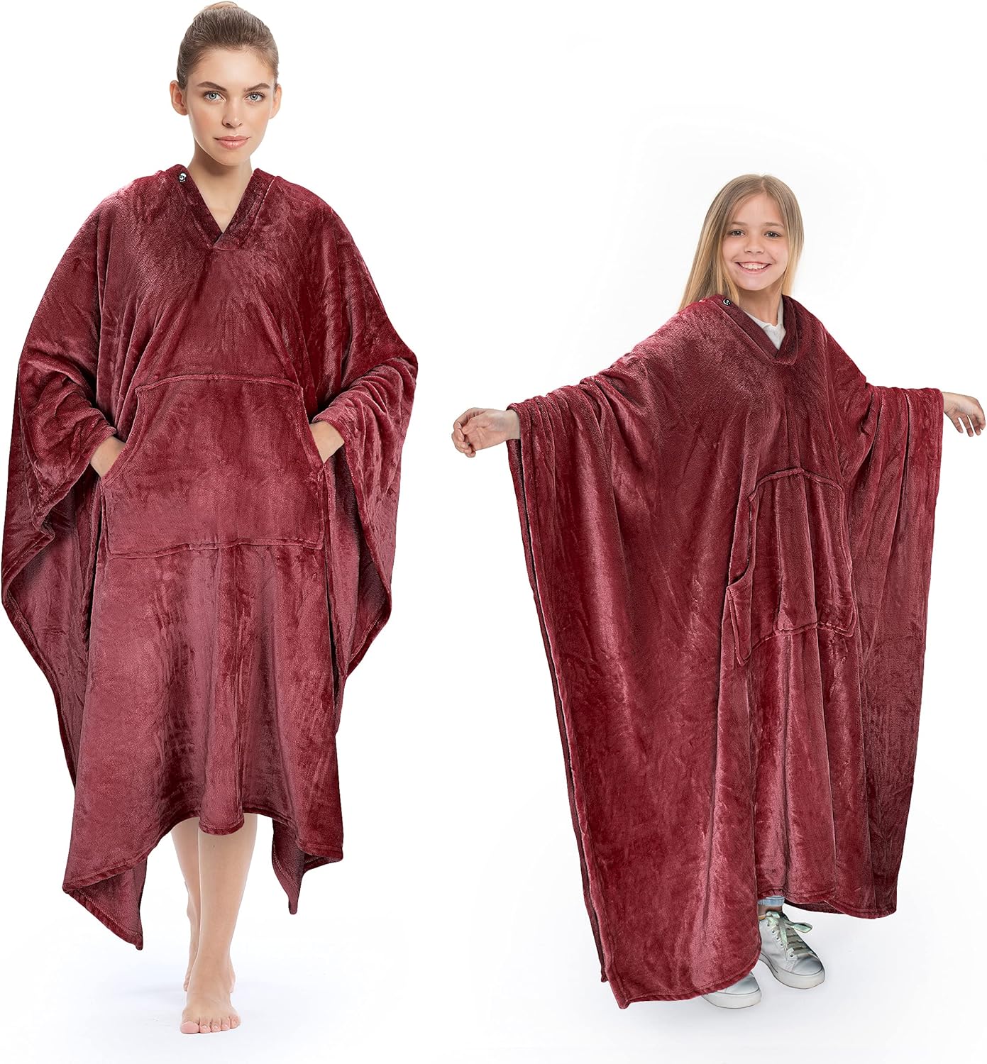 Poncho Blanket Super Soft Comfy Plush Wearable Fleece Blankets Gift for Adult Women Men Kids Throw Wrap Cover Indoors & Outdoors, 55''x 80'' Wine