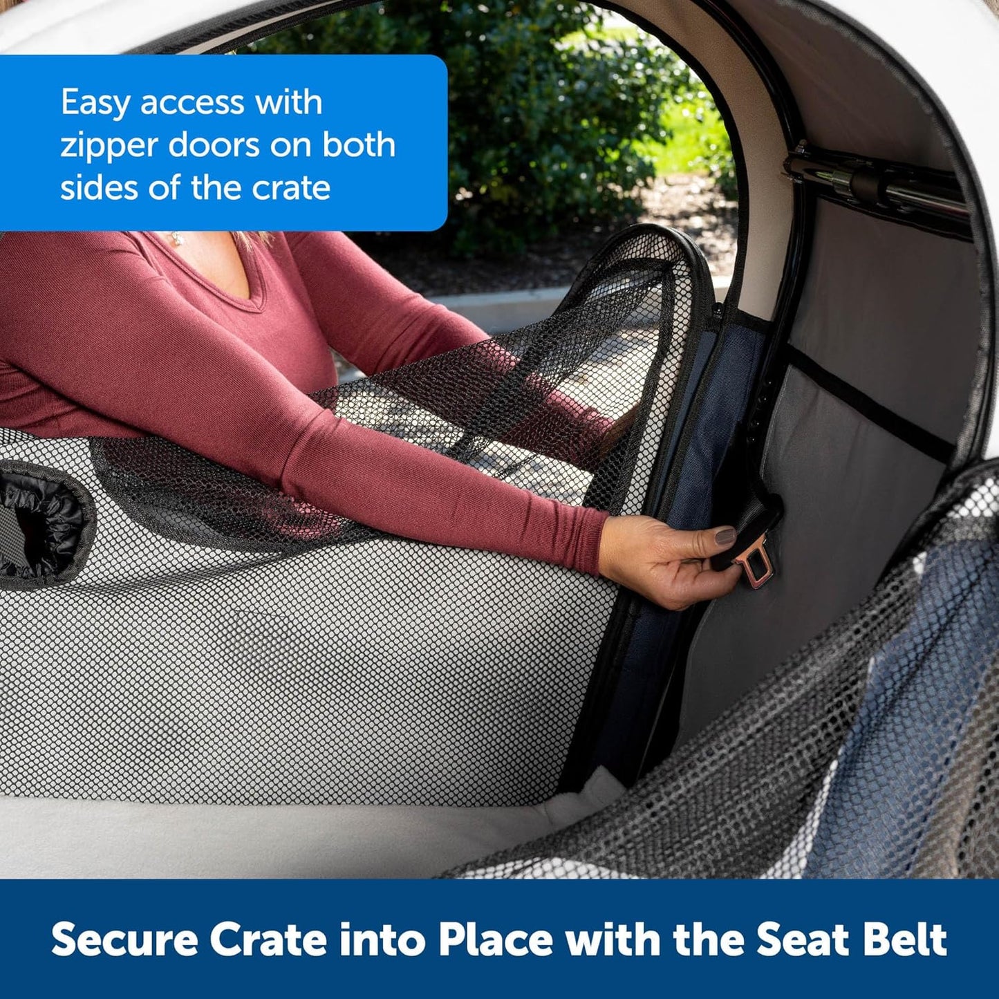 PetSafe Happy Ride Collapsible Travel Crate - Safe Travel Containment with Heavy Duty Aluminum Frame, Mesh Windows, Convenient Storage Pockets & Secure Seat Belt Access - Road Trip Crate