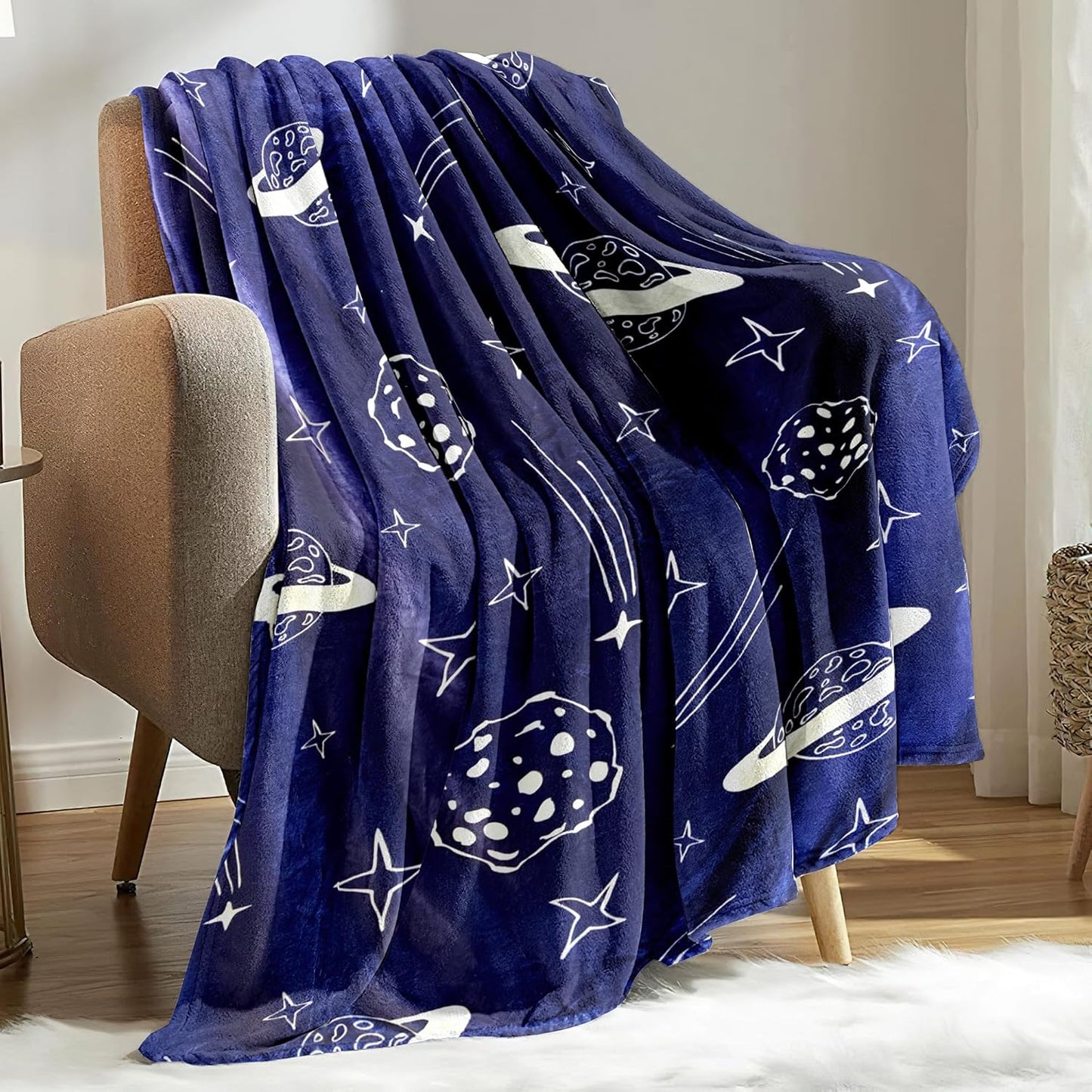 Space Blanket Super Soft Navy Blue Planets and Stars Throw Lightweight Fleece Bed Blankets for Kids Adults Couch Bed (48"x 60", Space)