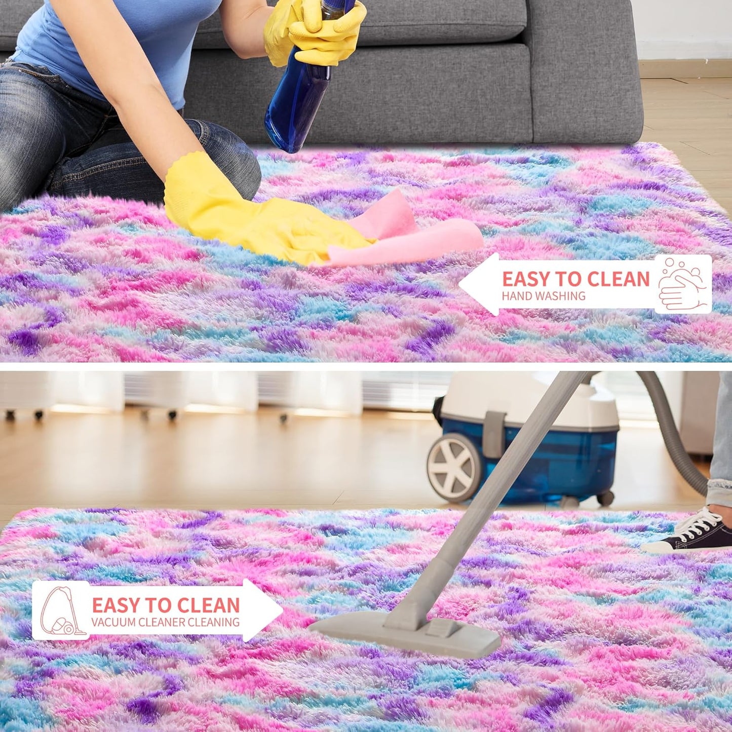 Tepook Soft Rainbow Rug 8x10 for Girls Room, Cute Fluffy Girls Bedroom Area Rug, Shaggy Princess Rug Colorful Carpet for Kids Teens Toddler Playroom Nursery Reading Nook, Hot Pink