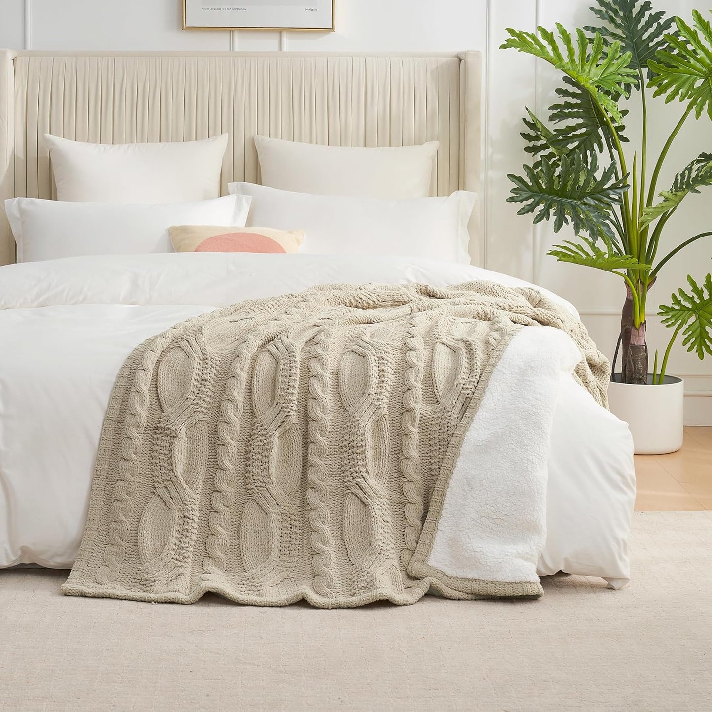Amélie Home Cable Knit Throw Blanket for Couch, Chenille Sherpa Soft Cozy Throw Blankets for Sofa Chair Comfortable Home, 50"x60", Beige