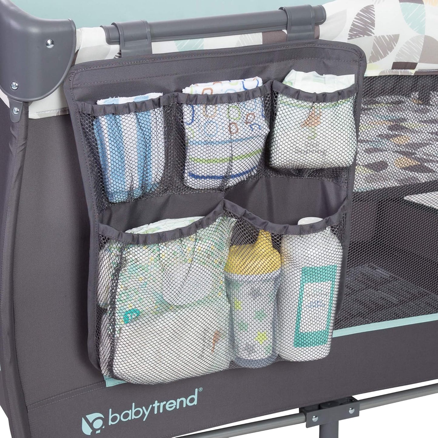 Baby Trend Nursery Center, Portable Playard with Bassinet, Changing Table and Storage Organizer, Trend-E - Foldable and Convertible Travel Play Crib for Babies and Toddlers, Doodle Dots