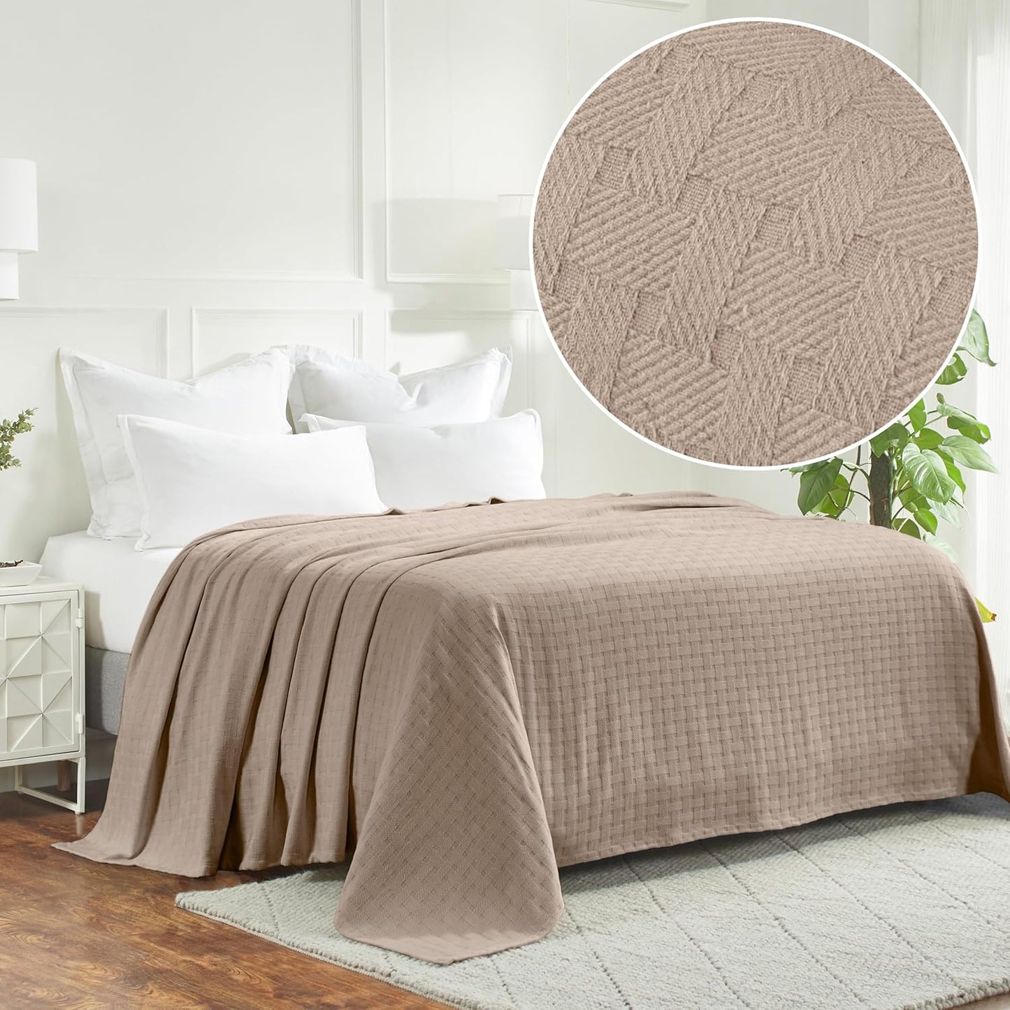 Superior Basketweave Cotton Blanket - Soft & Comfy Medium-Weight Cover for Bed, Bedding, Bedroom, Living Room Couch Throw, Lounging - Modern Boho Woven Design - Throw Size, Khaki