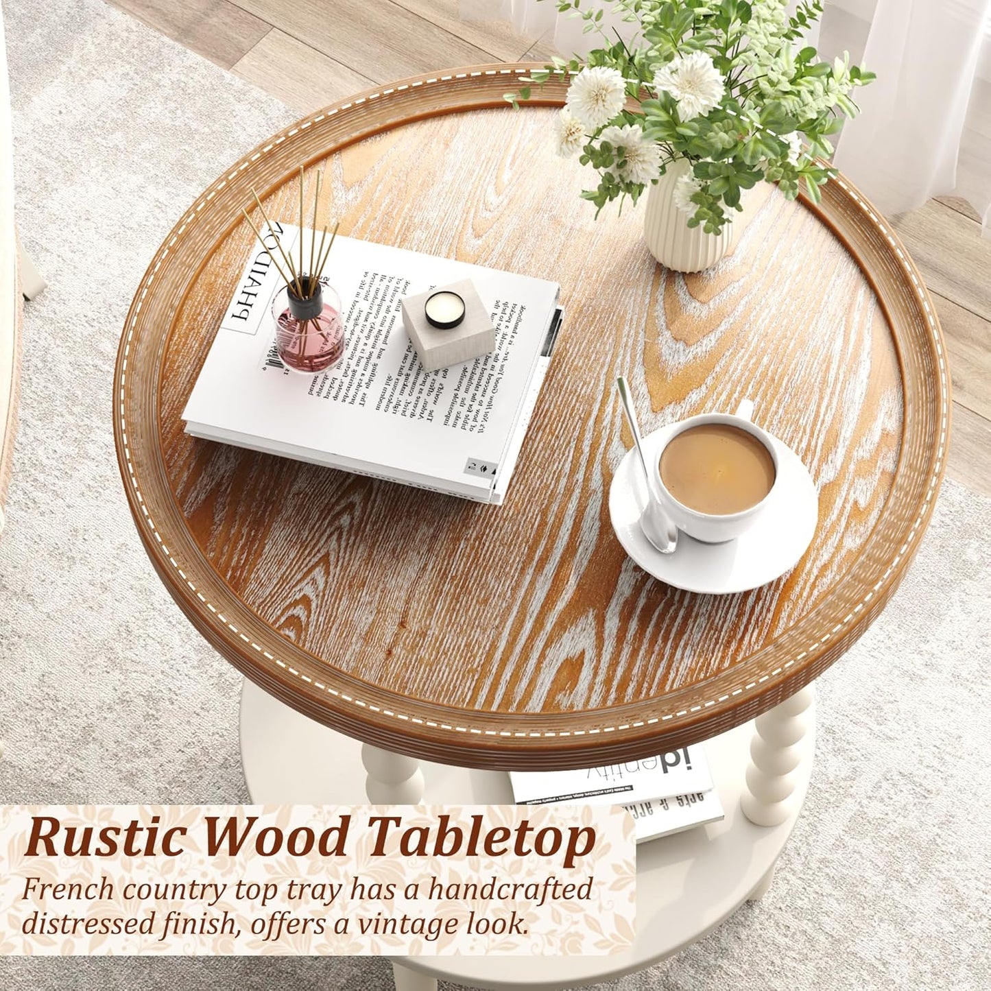 Function Home Round End Table, Farmhouse Side Table with Storage Shelf, 2 Tier Wooden Nightstand, 19.2” Accent Table for Living Room Bedroom Small Space, Natural Tray Top and Vintage White Spindle Leg
