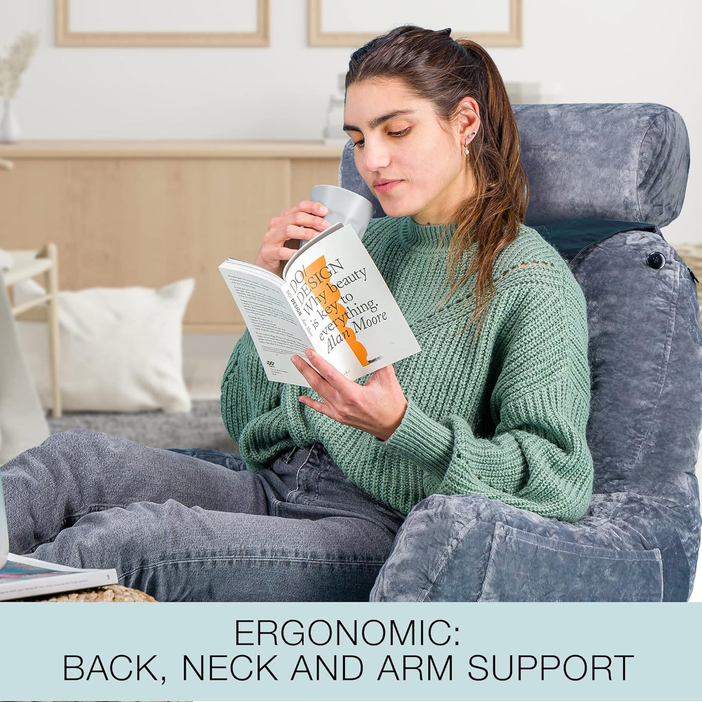 malu Extra Large Reading Pillow- Ergonomic Pillow- Back Pillow for Bed+ Rolling Mat for Neck Support- with Shredded Memory Foam- for Sitting Up in Bed, Couch or Floor