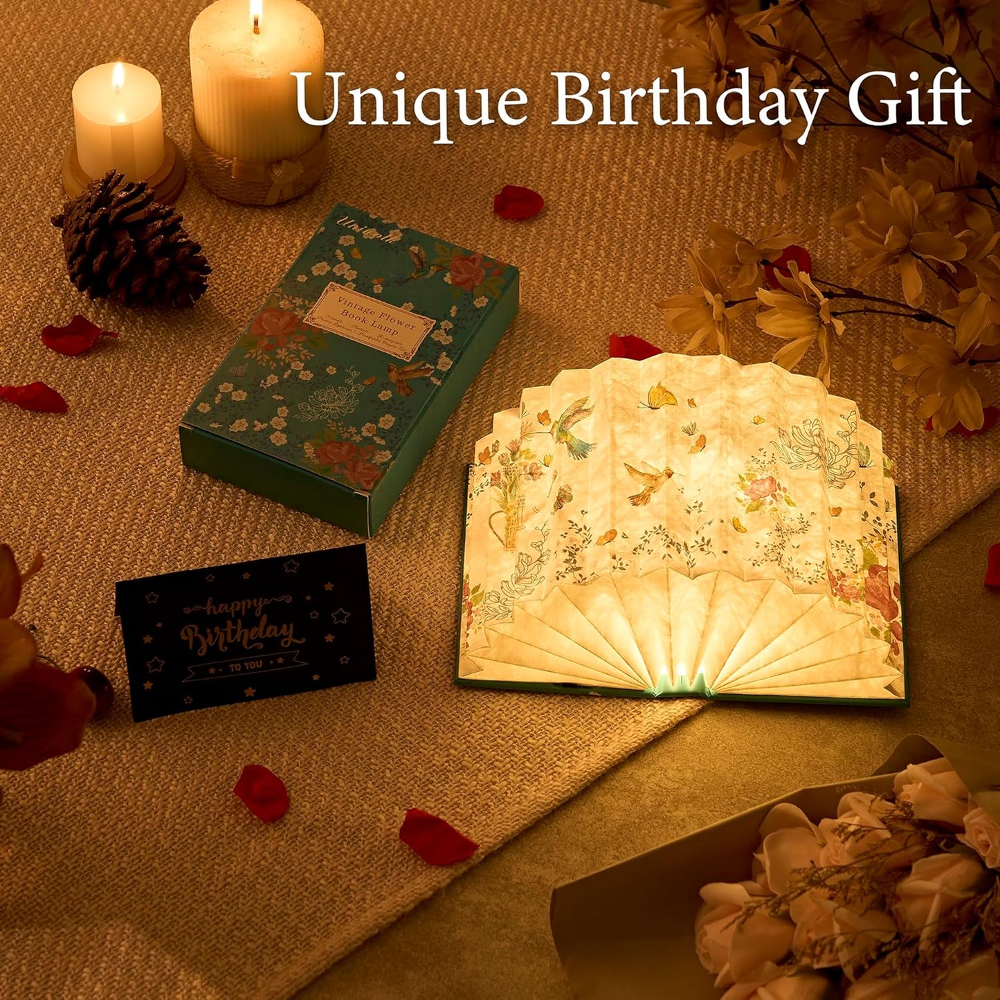 Flower Book Lamp Bookish Birthday Gifts for Women or Freinds, Foldable Paper Desk Lamp for Bedroom Living Room, Book Light as Gifts for Book Lovers, Desk Decor Cute Stuff