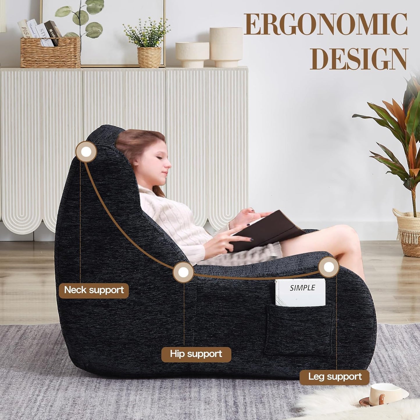 Bean Bag Chairs for Adults and Kids, Oversized Comfy Lazy Floor Sofa, Chenille Upholstered Boneless Couch Chair with Side Pockets, Memory Lounge Reading Chair for Living Room Bedroom Office (Black)