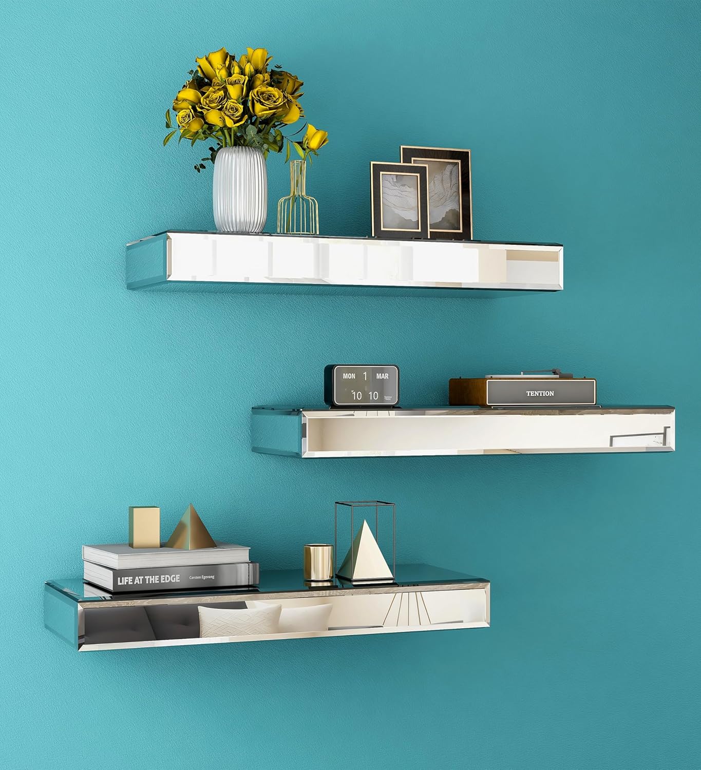 SHYFOY Mirrored Floating Shelves for Wall, Set of 3 Glass Wall Mounted Shelves for Bathroom Decor, Hanging Book Shelf for Bedroom, Living Room, Kitchen, Storage & Decoration, Silver