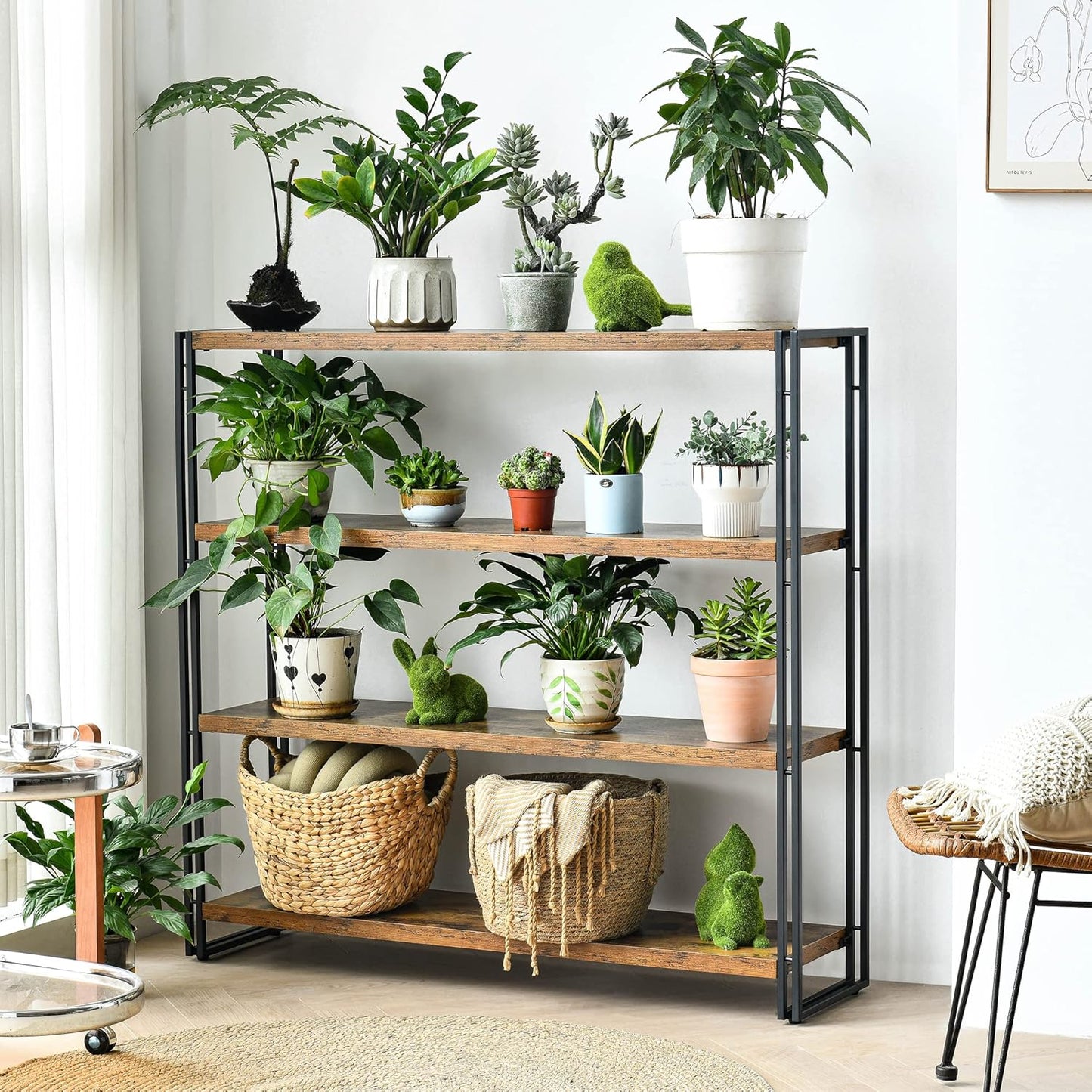 HCHQHS Bookshelf,4-Tier Industrial Bookcase,Rustic Wood and Metal Open Display Book Shelves Home Office,Bedroom Standing Shelf Unit,Horizontal Kitchen Shelf Organizer,Bathroom Storage Rack 47in
