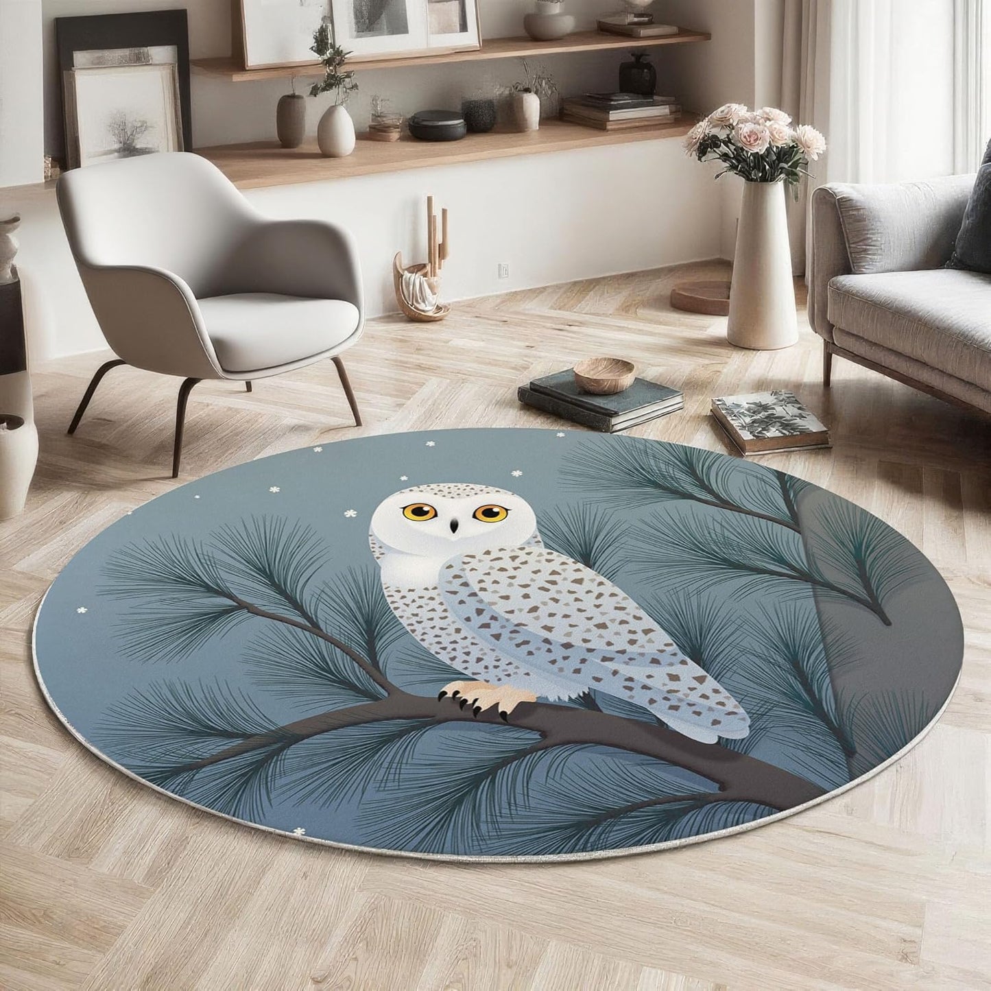 Washable Cartoon Snowy Owl Tree Branch Area Rug, 2Ft Round Rugs for Living Room Soft Carpet for Bedroom Natural Animals Indoor Stain Resistant Non-Shedding Floor Carpet, Blue Gray, 2Ft-Round