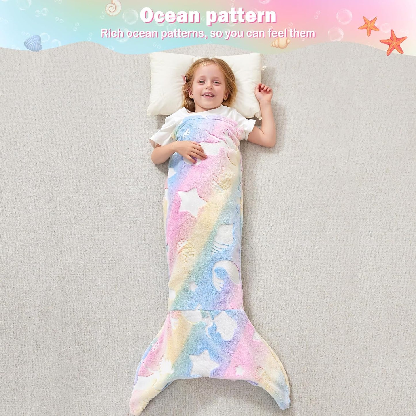 Viviland Kids Mermaid Tail Blanket - Mermaid Tail Blankets Glow in The Dark - Flannel Mermaid Blanket Gifts for Girls - Luminous Unicorn Super Soft Tie Dye Girls - Multicolor Jellyfish 17"×39"