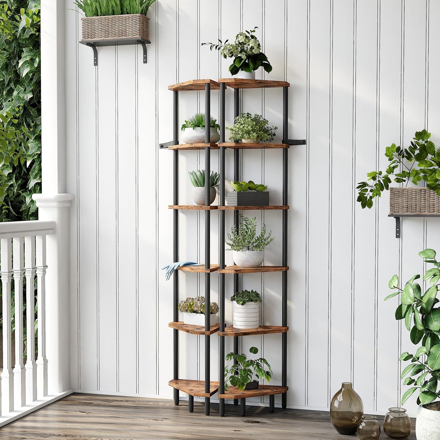 6 Tier Corner Shelf, 66.5'' Tall Standing Shelf, Narrow Display Shelf Stand, Modern Corner Bookshelf, Plant Stand, Corner Bookcase for Living Room, Bedroom, Bathroom, Rustic Brown LCS502R