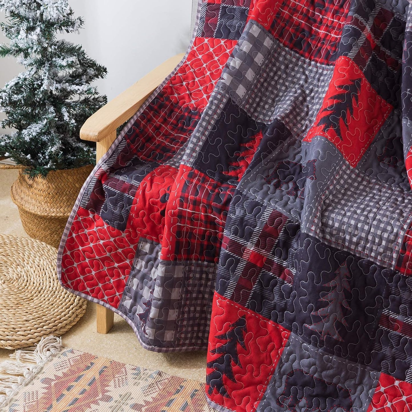 Soul & Lane Cabin Charm 50"x60" Quilted Throw: Plaid Quilted Blanket, Outdoor Nature Themed Patchwork Coverlet, Christmas Quilt for Couch, Comforter Lap Quilt, Lightweight Red and Black Lap Cover