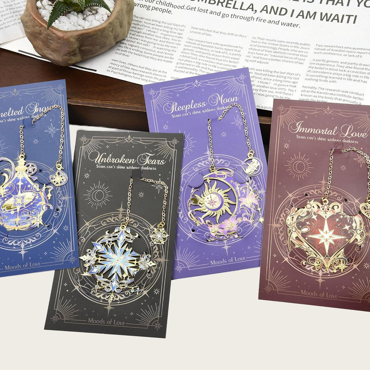 Metal Bookmarks Set 4pcs for Reading Women and Men, Stars and Moon Magic Reading Accessories, Fantasy Book Marks Gifts for Book Lovers Readers Kids Page