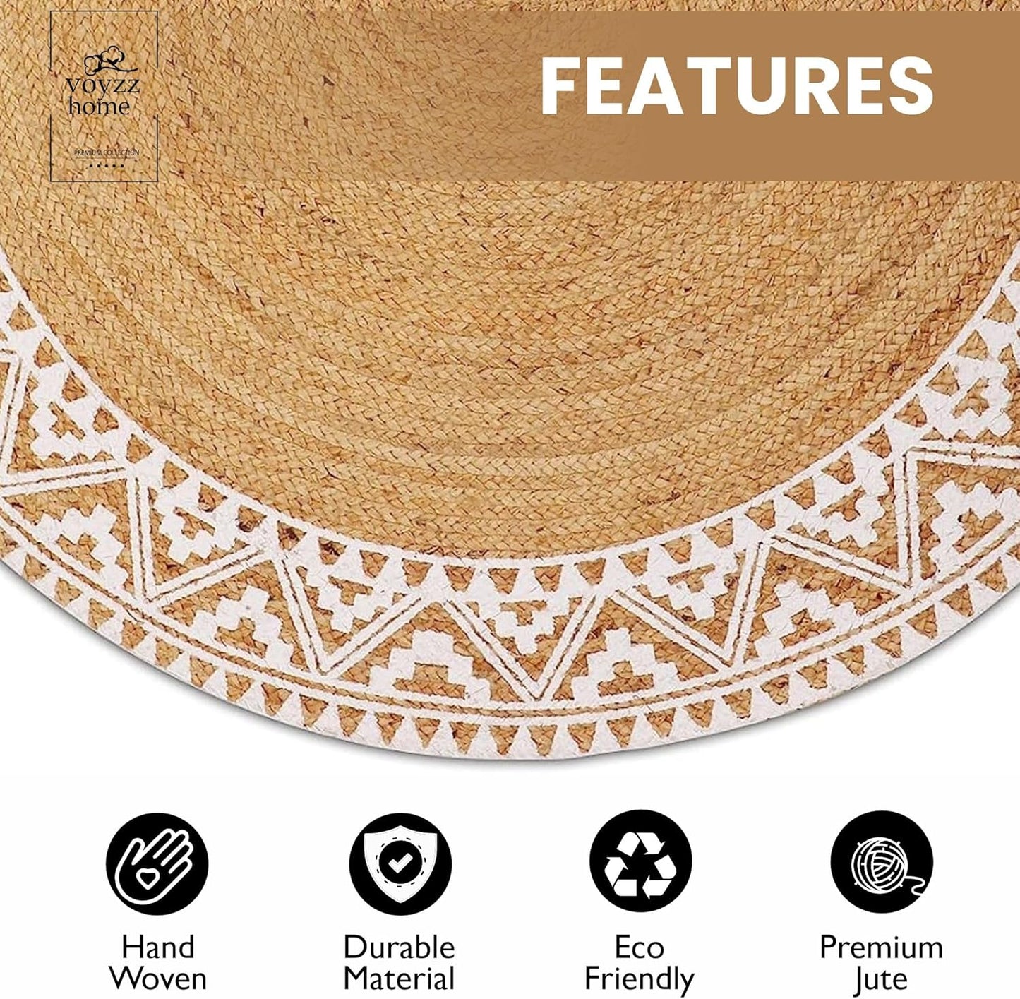 voyzz home Premium Natural Jute Braided Area Rug, 3-feet Round, White Printed Border, Stain Resistance, Natural Handmade Rug for Entryways, Living Room, Dining Room, Bedroom, Farmhouse, Kitchen
