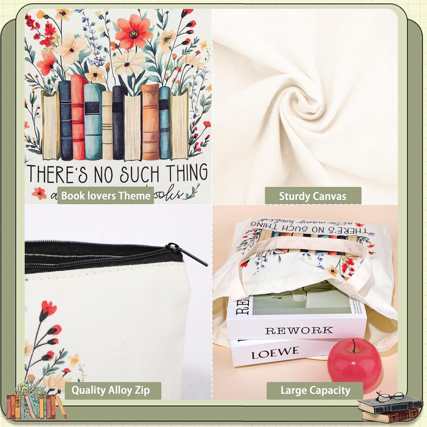 Book Lover Gifts for Women Christmas, Thanksgiving, Birthday Gifts for Book Lovers Women Cute Canvas Tote Bag Makeup Bag - Reading Accessories, Librarian, Bookish, Readers