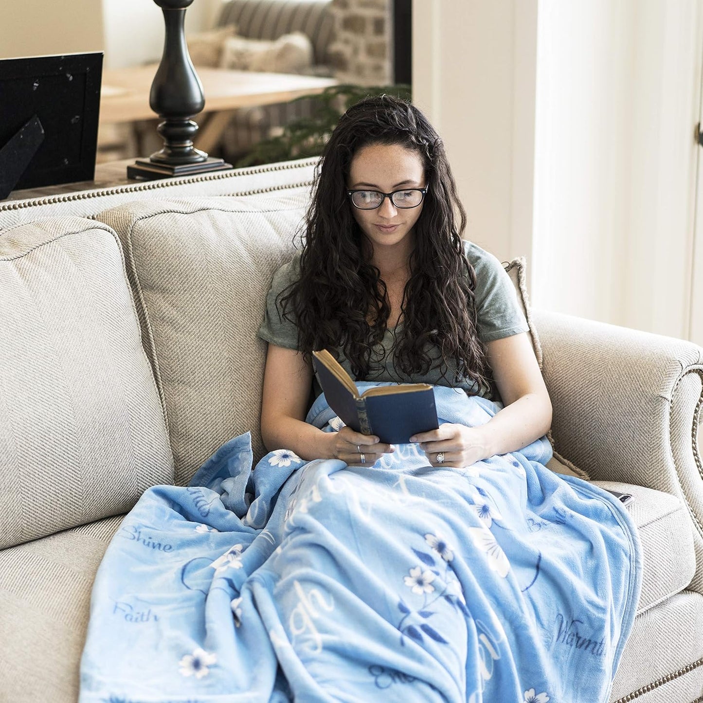 Oversized Throw Blanket with Inspirational Words of Comfort - Get Well Soon Healing Thoughts and Loving Wishes - Extra Large 50x60 Soft Sentiments - Blue Floral